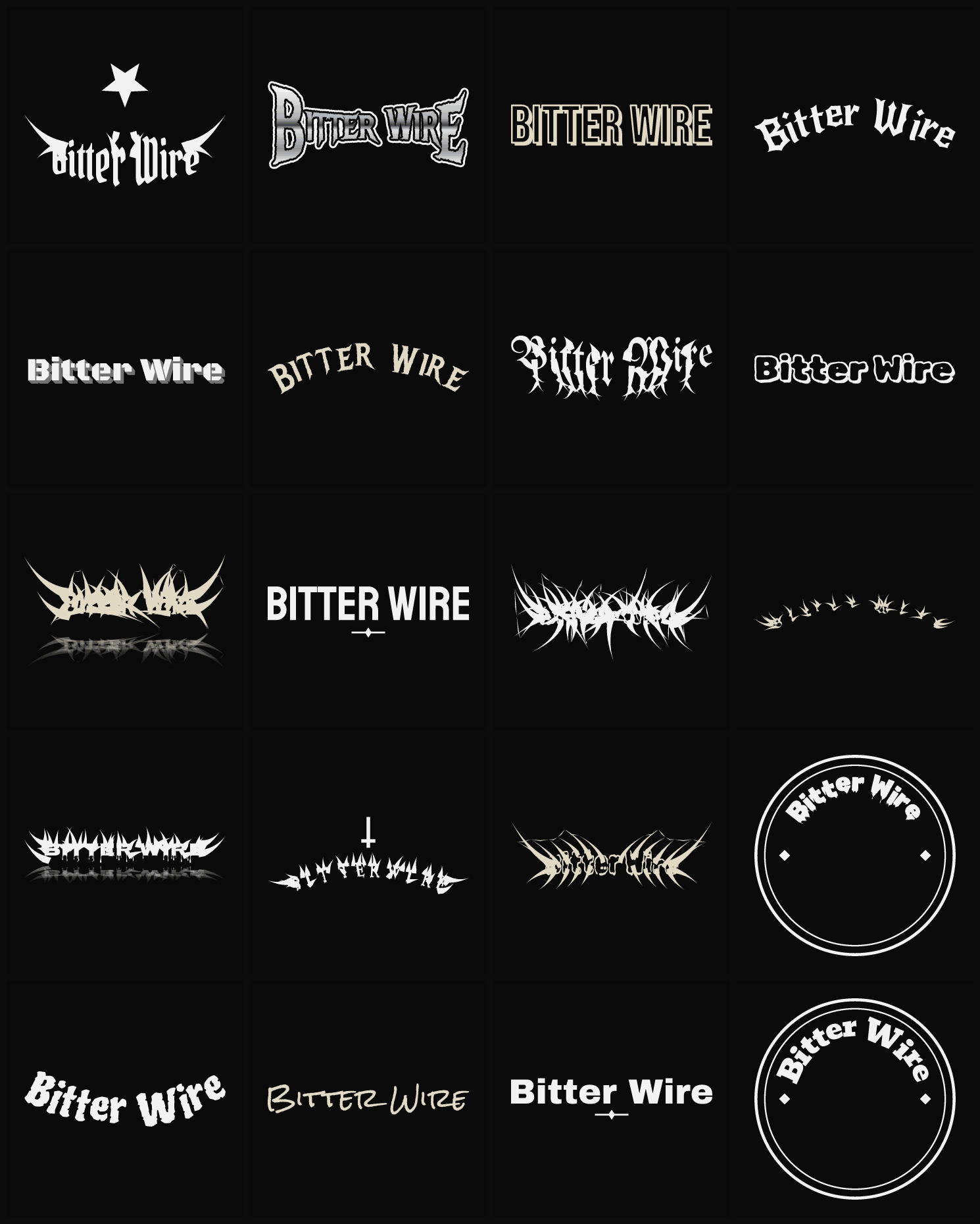 Twenty Bitter Wire band logo ideas — different faces, treatments and spike settings