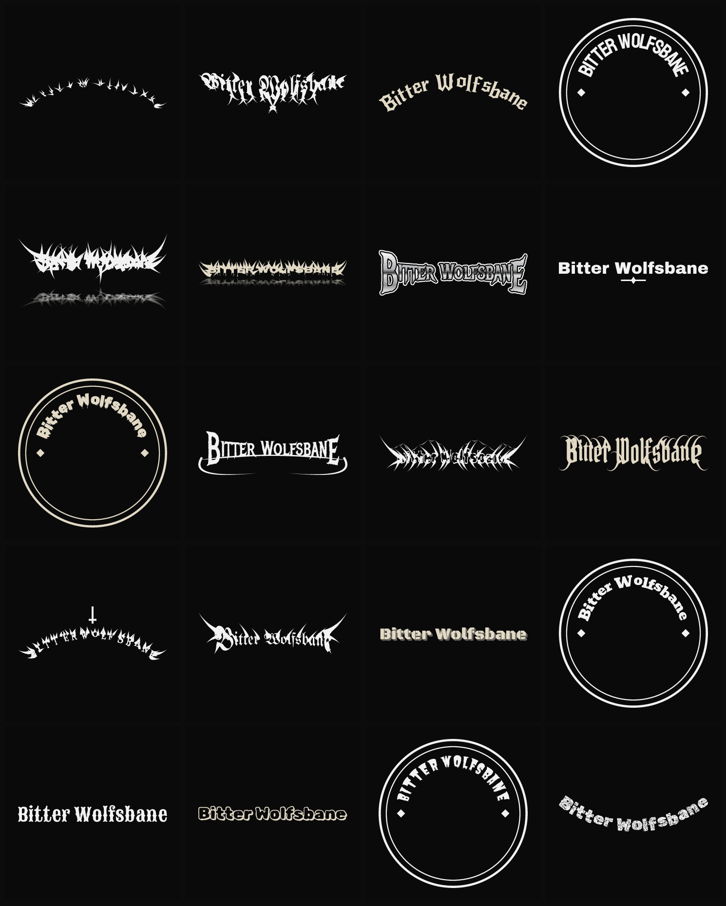 Twenty Bitter Wolfsbane band logo ideas — different faces, treatments and spike settings