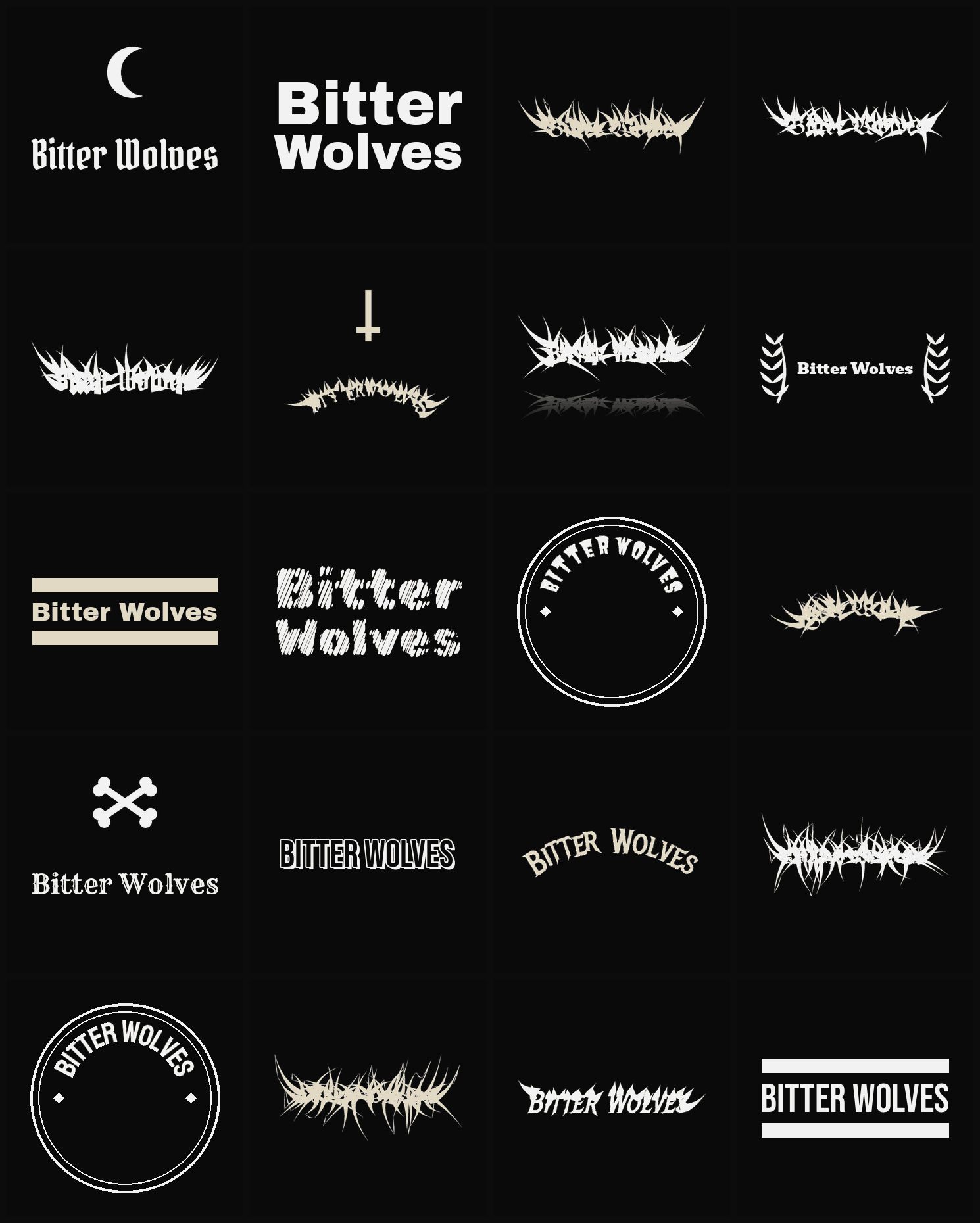 Twenty Bitter Wolves band logo ideas — different faces, treatments and spike settings