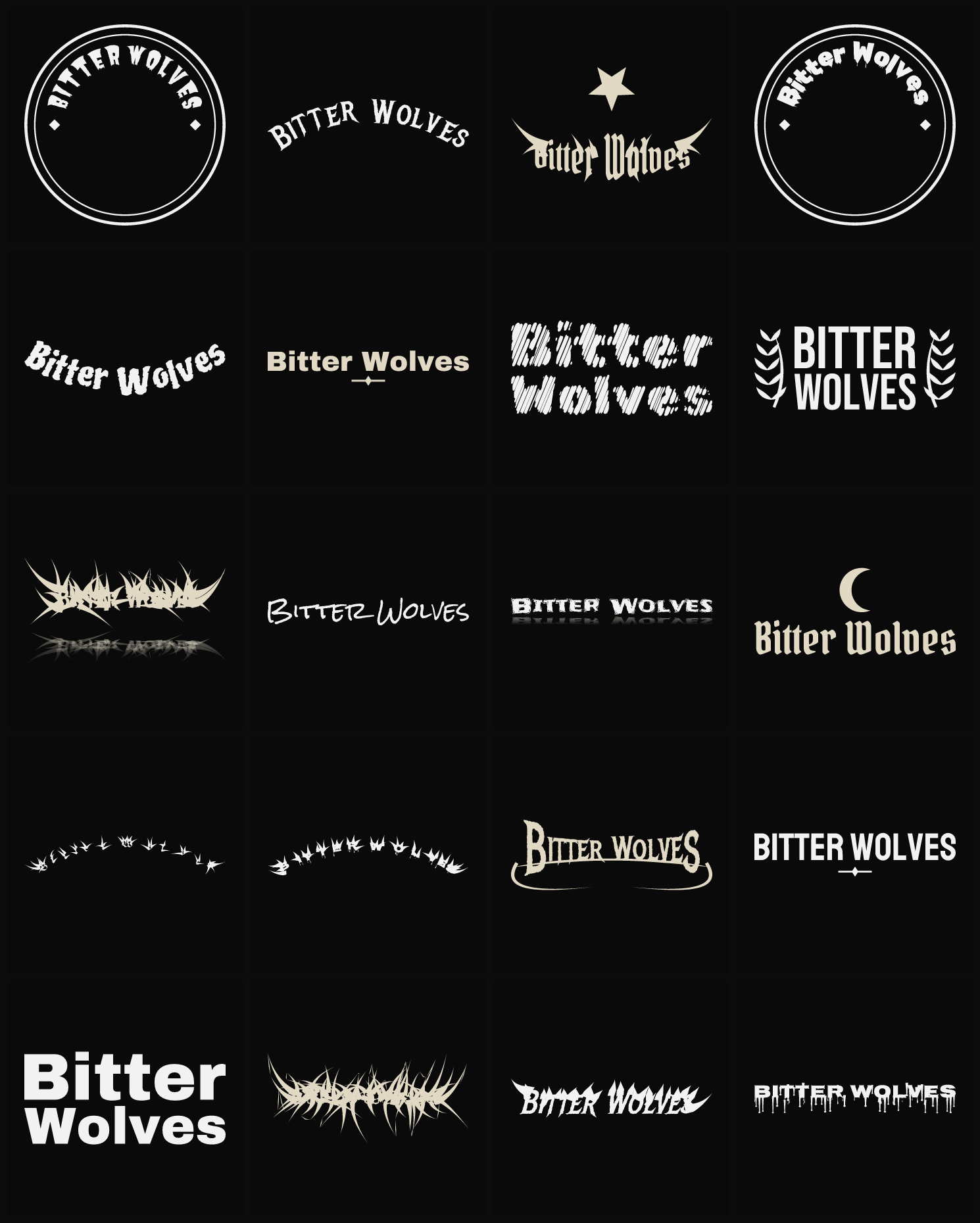 Twenty Bitter Wolves band logo ideas — different faces, treatments and spike settings