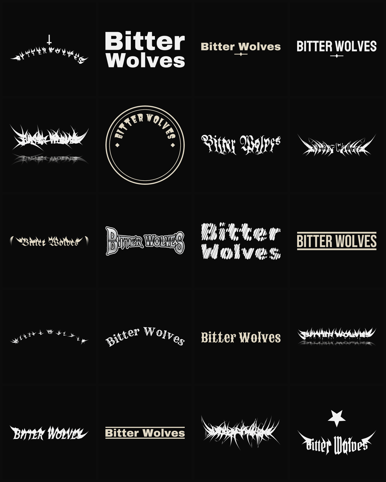 Twenty Bitter Wolves band logo ideas — different faces, treatments and spike settings