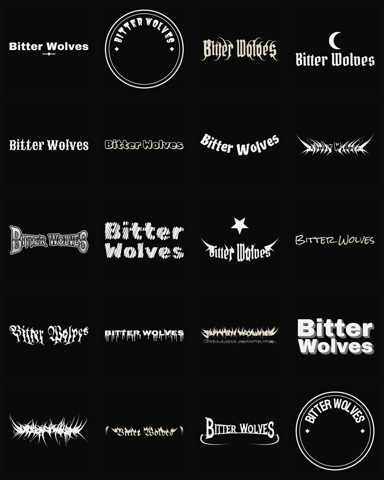 Twenty Bitter Wolves band logo ideas — different faces, treatments and spike settings