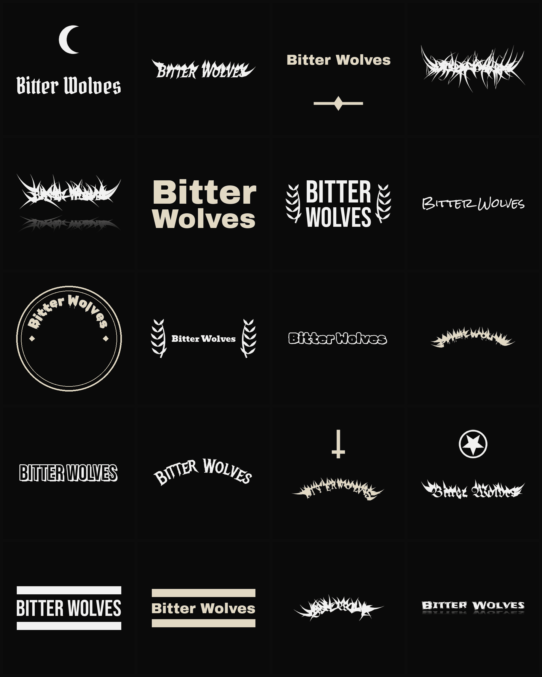 Twenty Bitter Wolves band logo ideas — different faces, treatments and spike settings