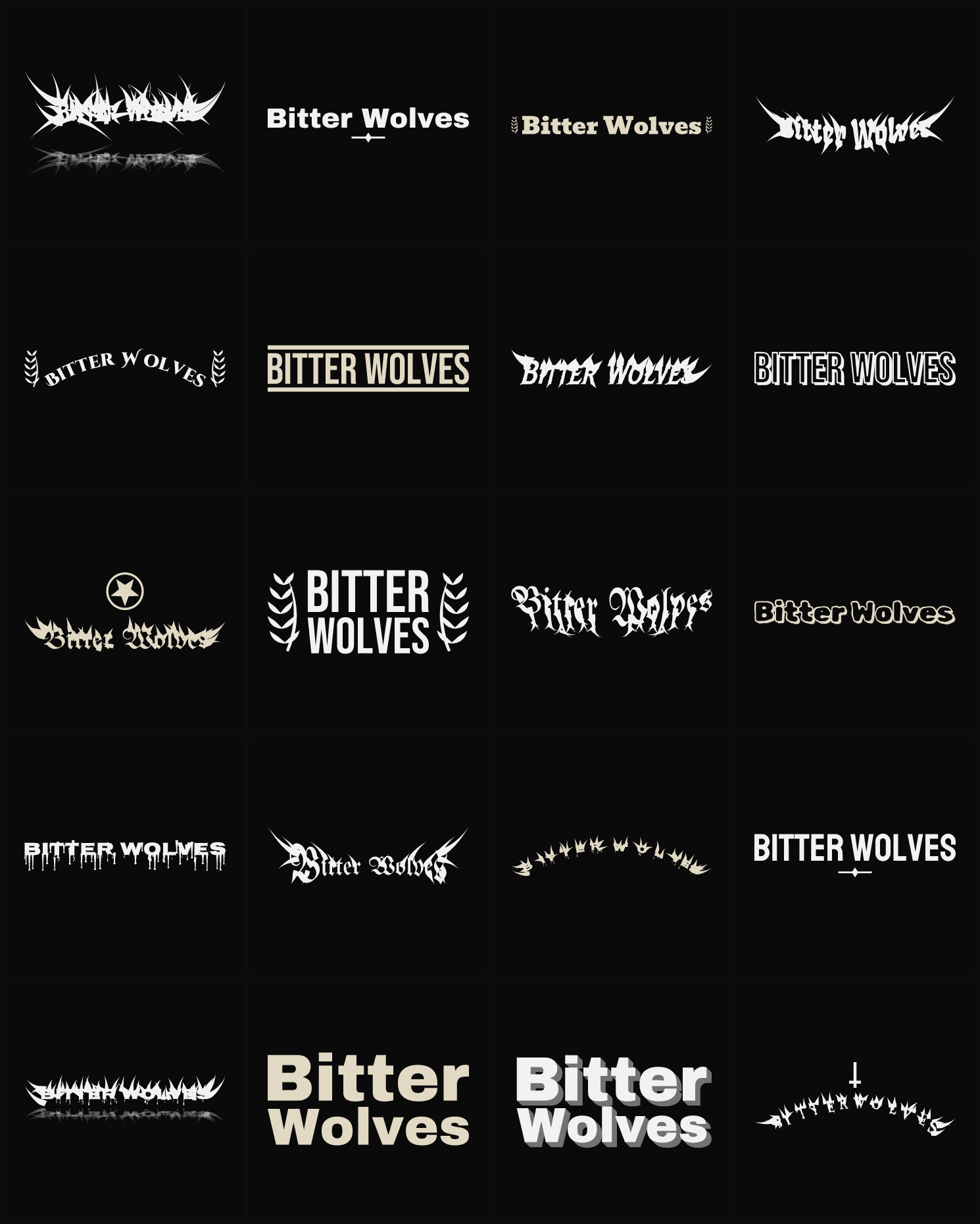 Twenty Bitter Wolves band logo ideas — different faces, treatments and spike settings