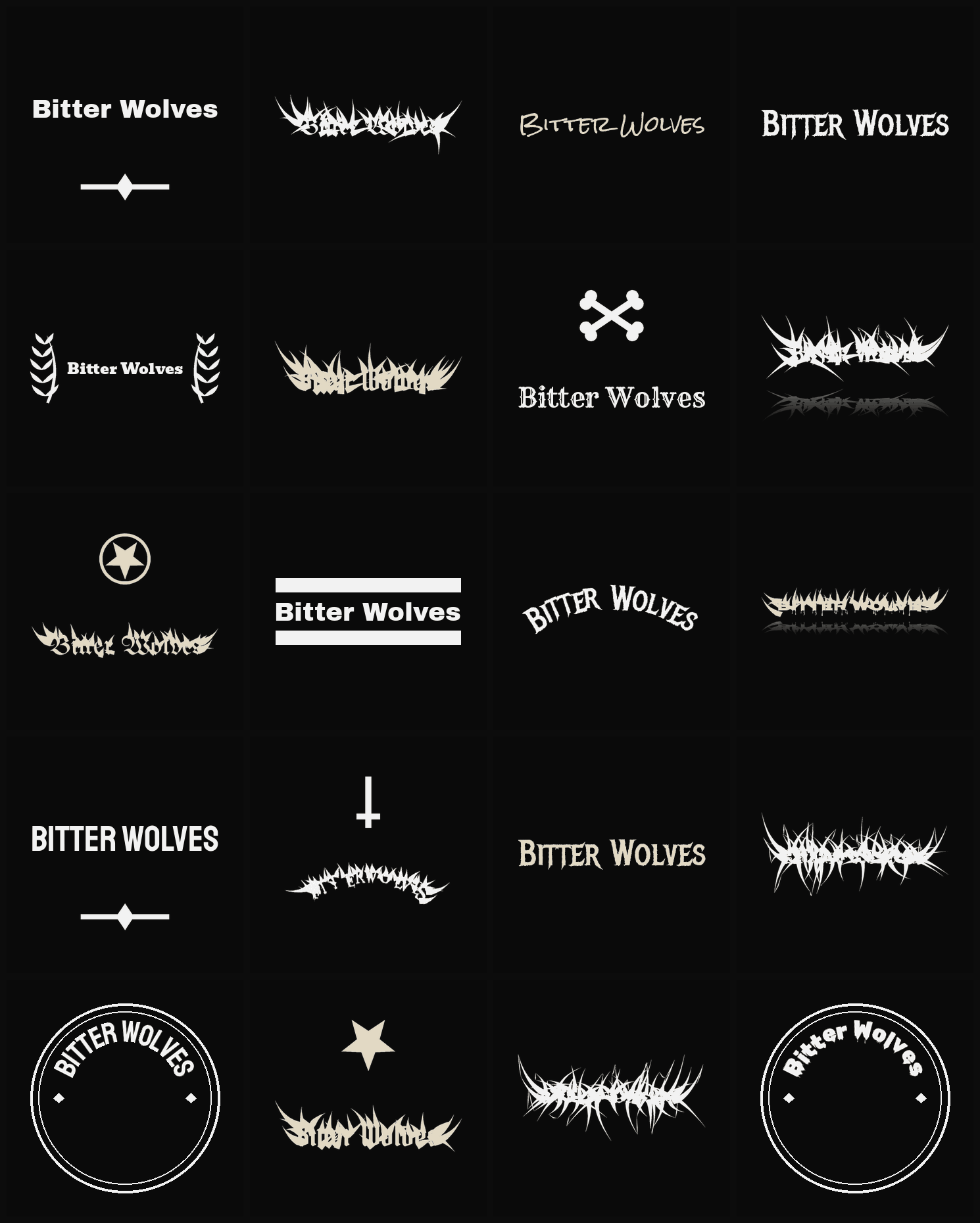 Twenty Bitter Wolves band logo ideas — different faces, treatments and spike settings