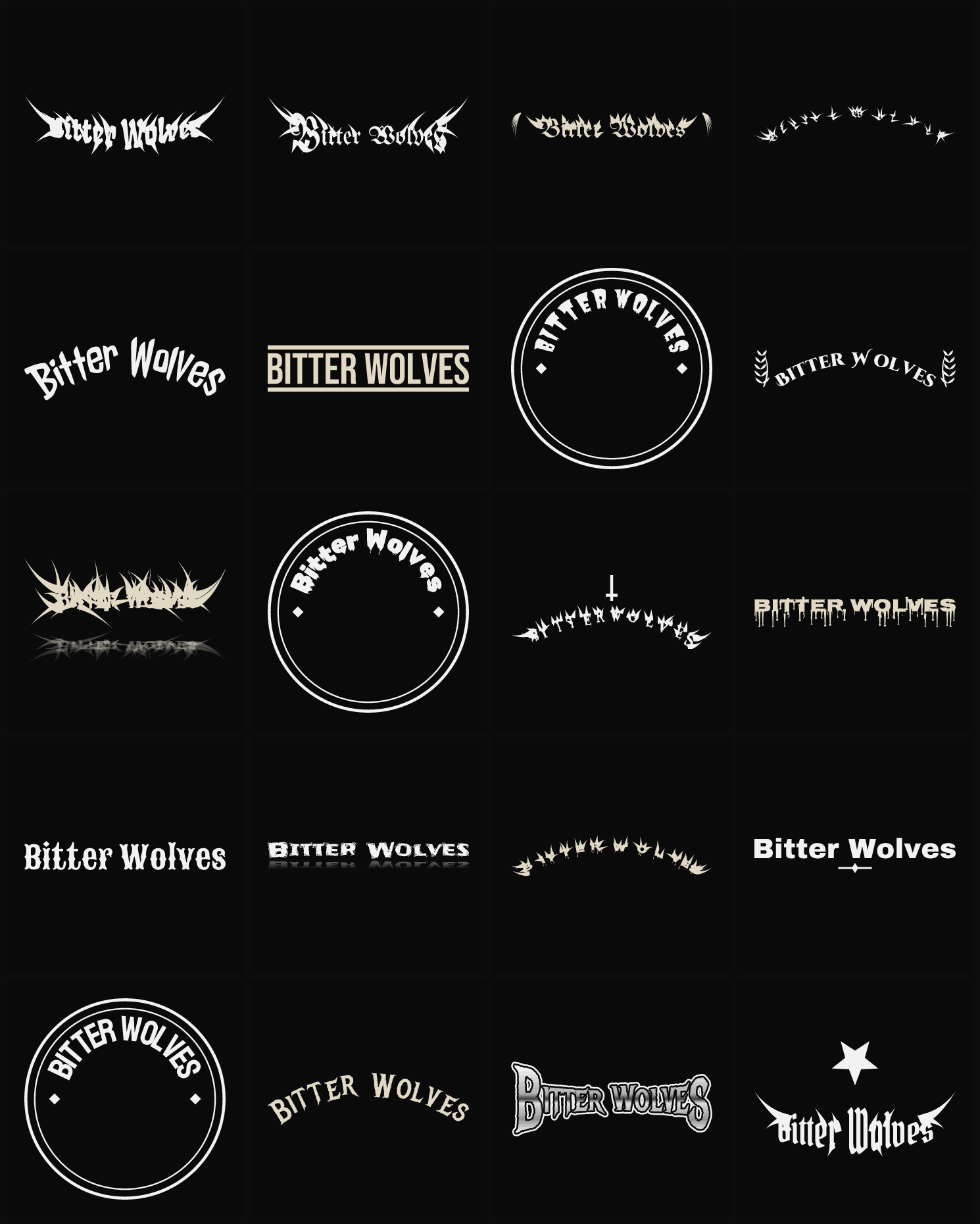 Twenty Bitter Wolves band logo ideas — different faces, treatments and spike settings