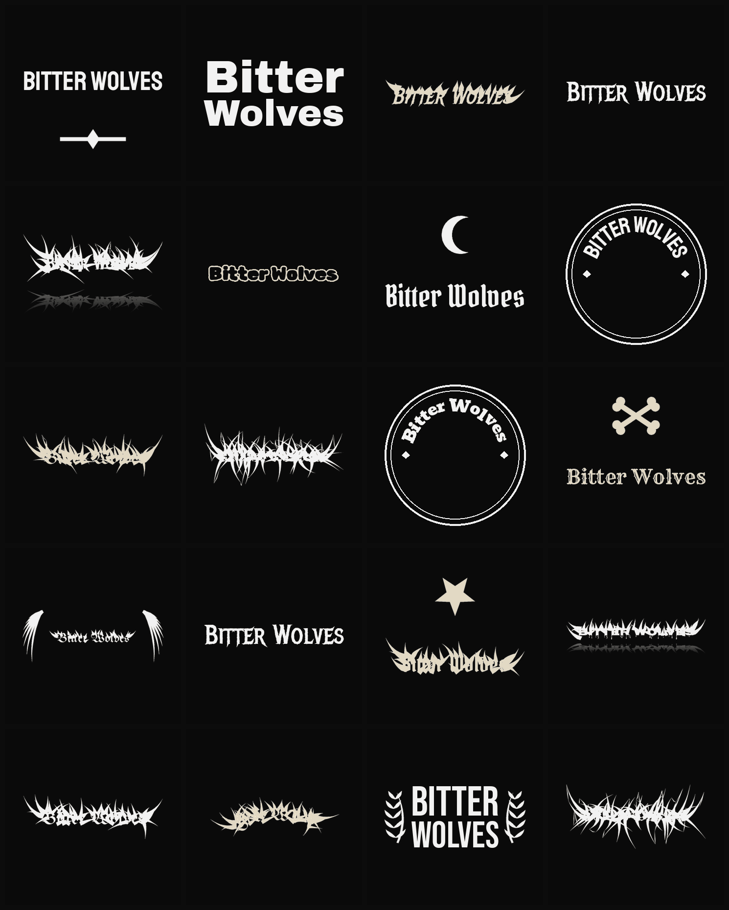 Twenty Bitter Wolves band logo ideas — different faces, treatments and spike settings