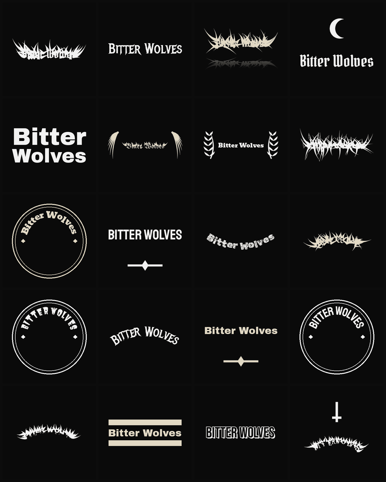 Twenty Bitter Wolves band logo ideas — different faces, treatments and spike settings
