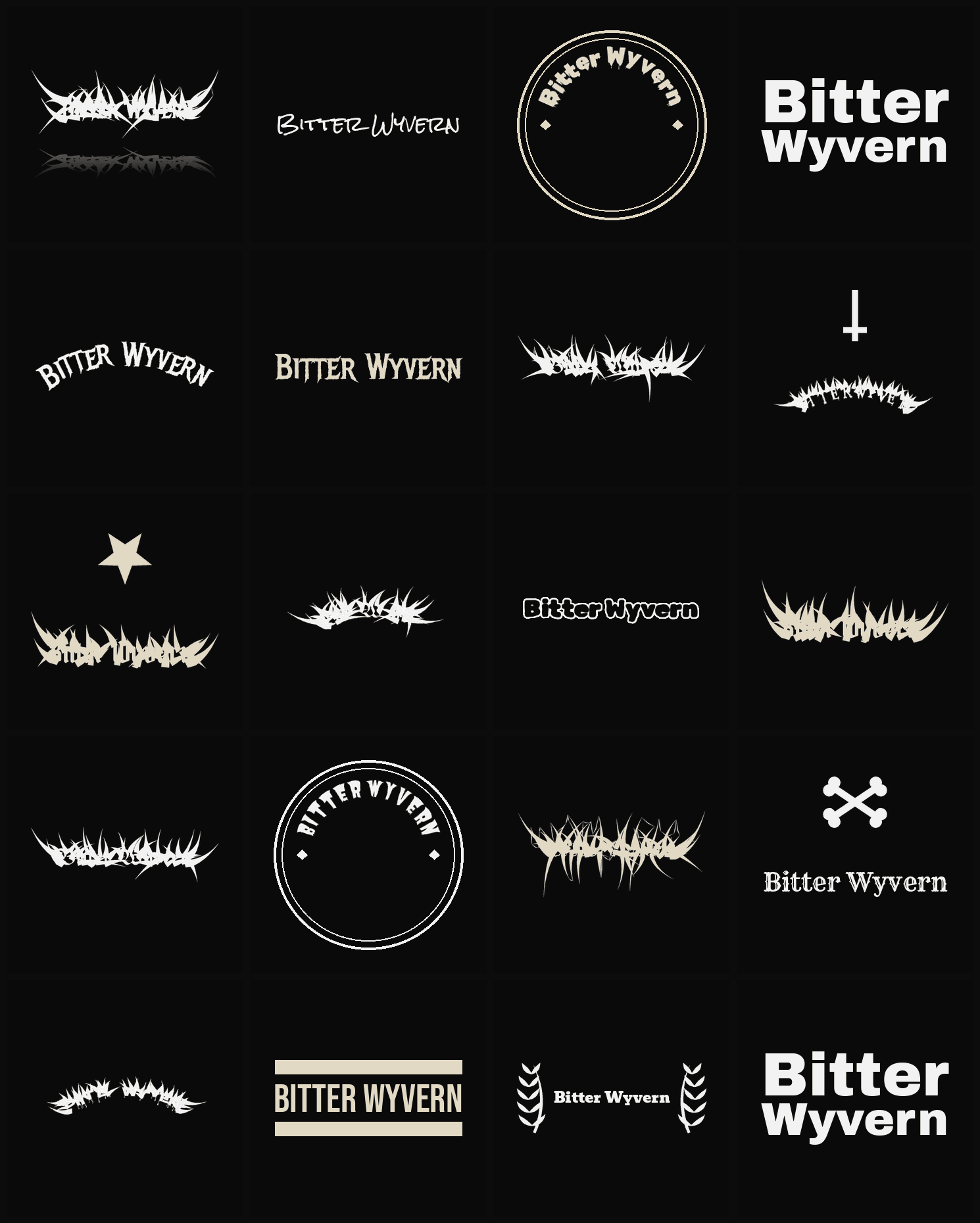 Twenty Bitter Wyvern band logo ideas — different faces, treatments and spike settings
