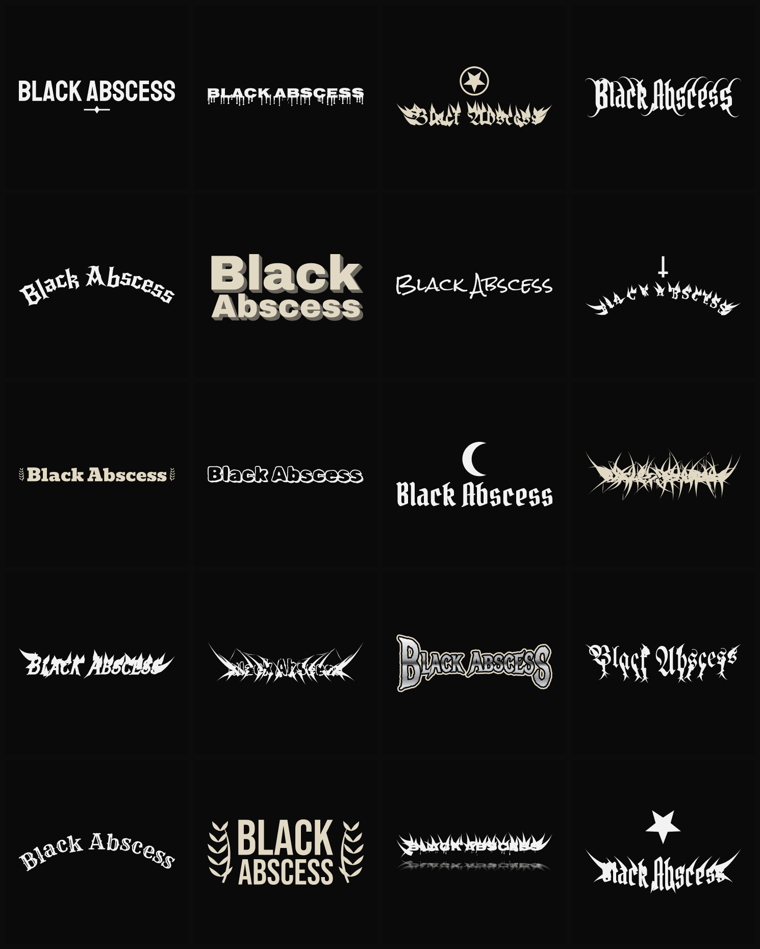 Twenty Black Abscess band logo ideas — different faces, treatments and spike settings