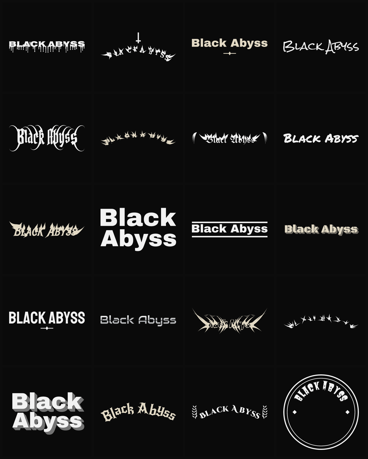 Twenty Black Abyss band logo ideas — different faces, treatments and spike settings