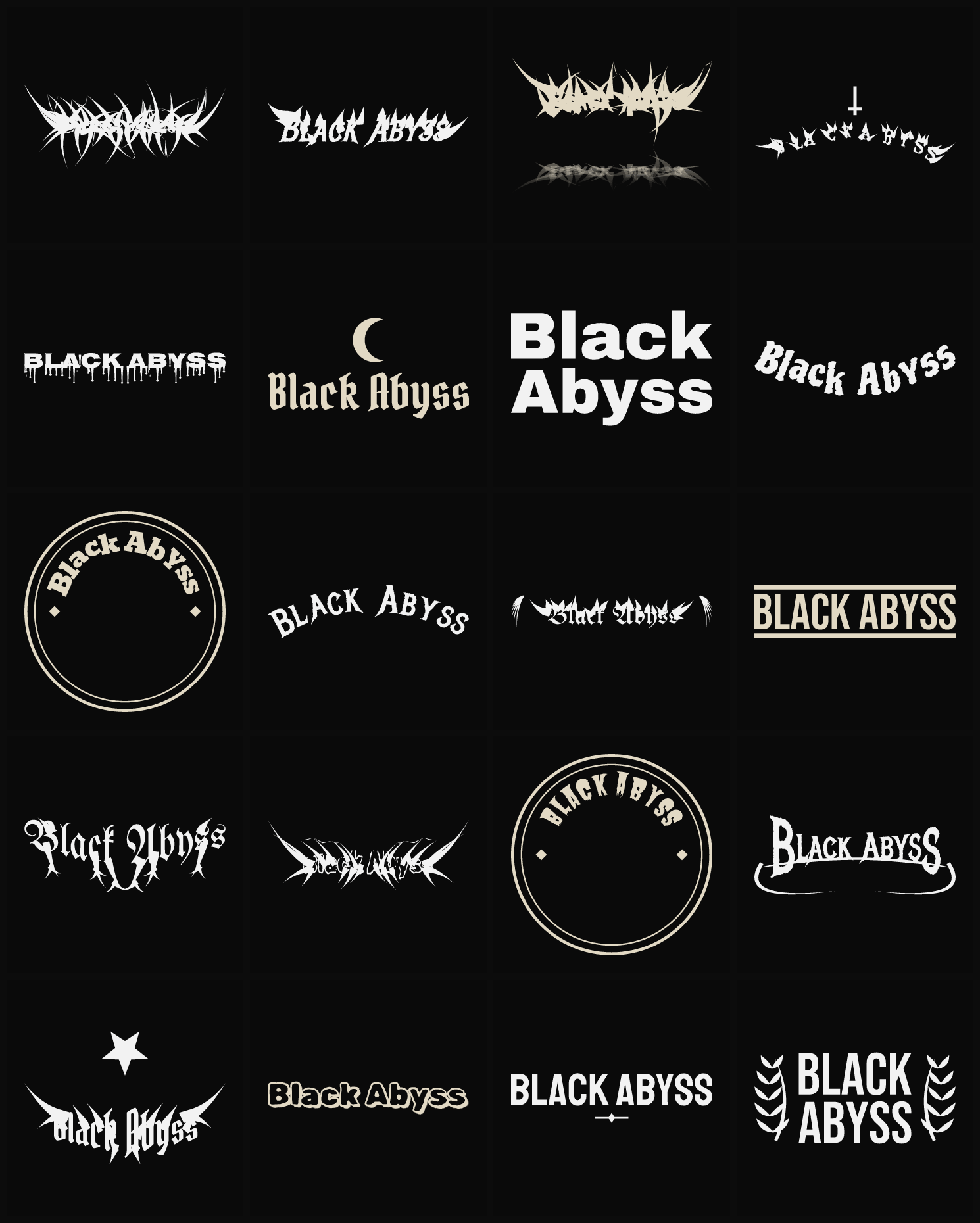 Twenty Black Abyss band logo ideas — different faces, treatments and spike settings