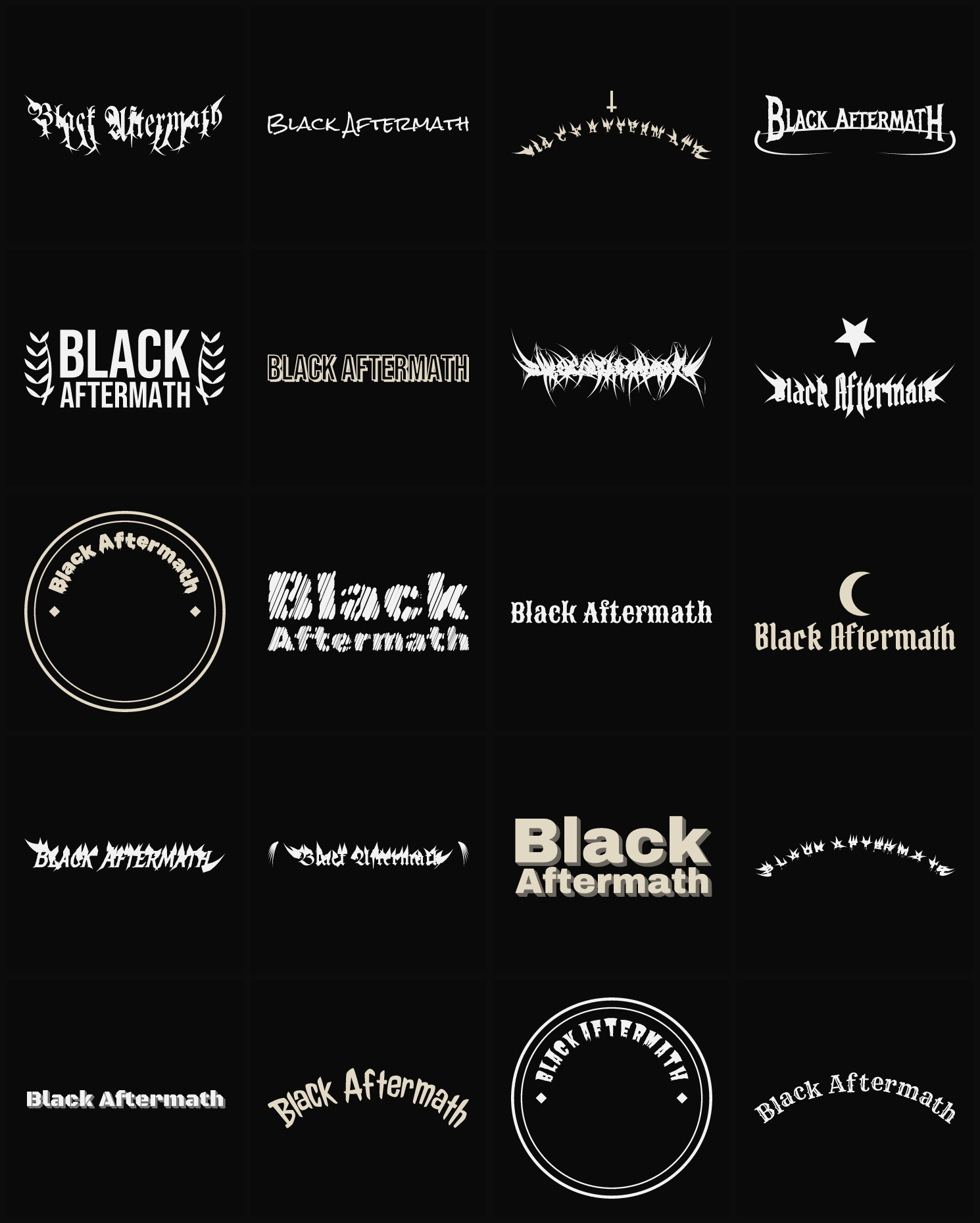 Twenty Black Aftermath band logo ideas — different faces, treatments and spike settings
