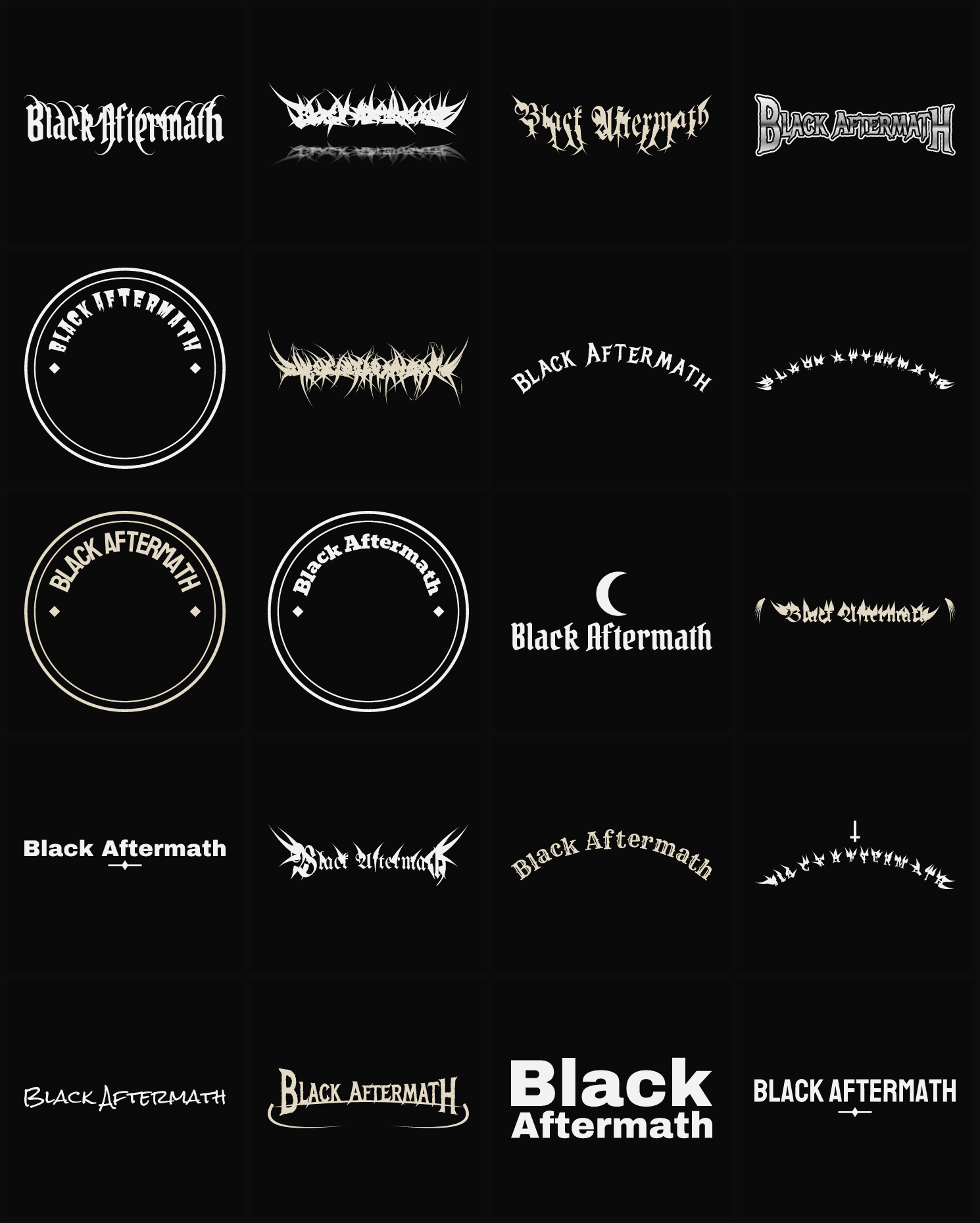 Twenty Black Aftermath band logo ideas — different faces, treatments and spike settings