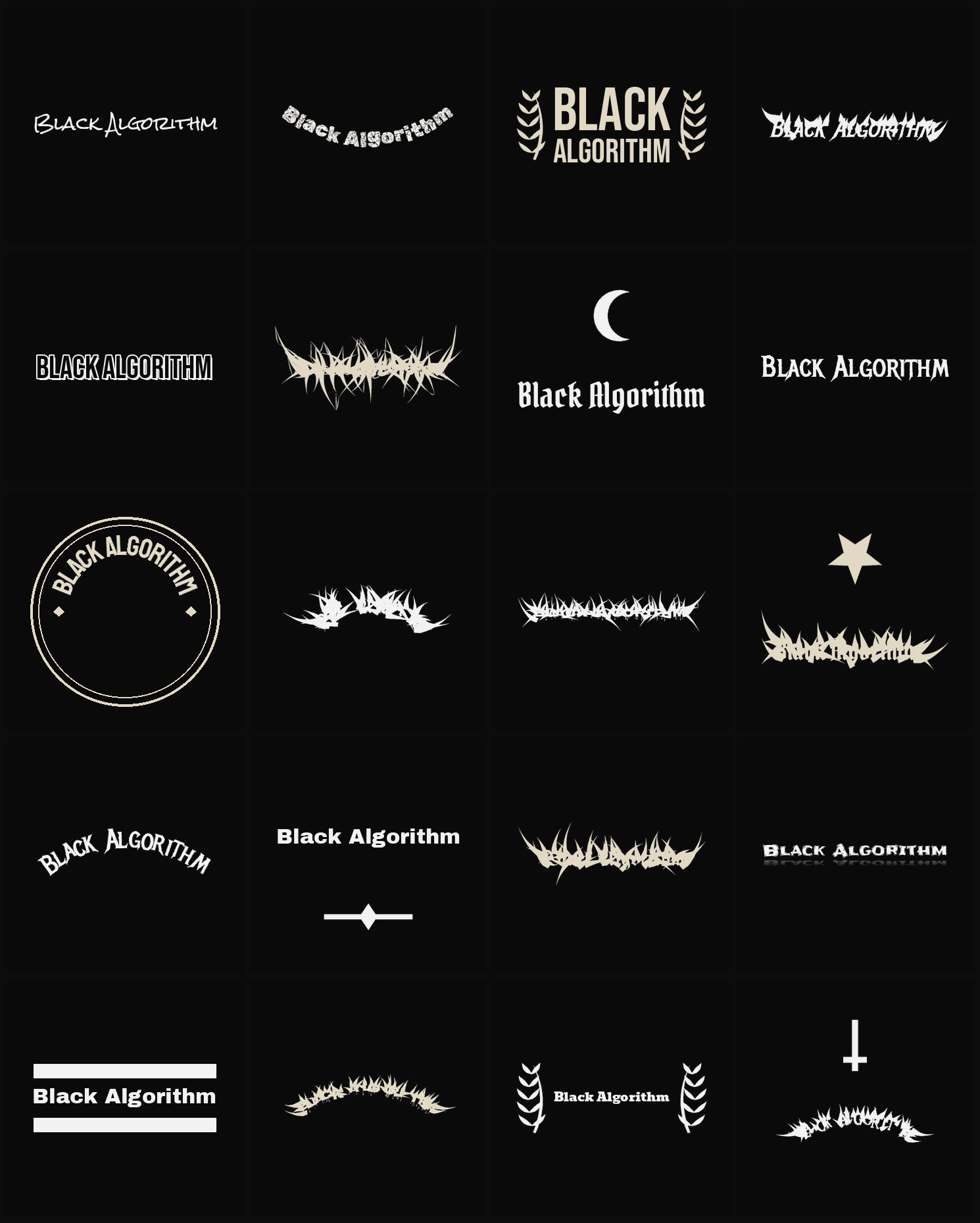 Twenty Black Algorithm band logo ideas — different faces, treatments and spike settings