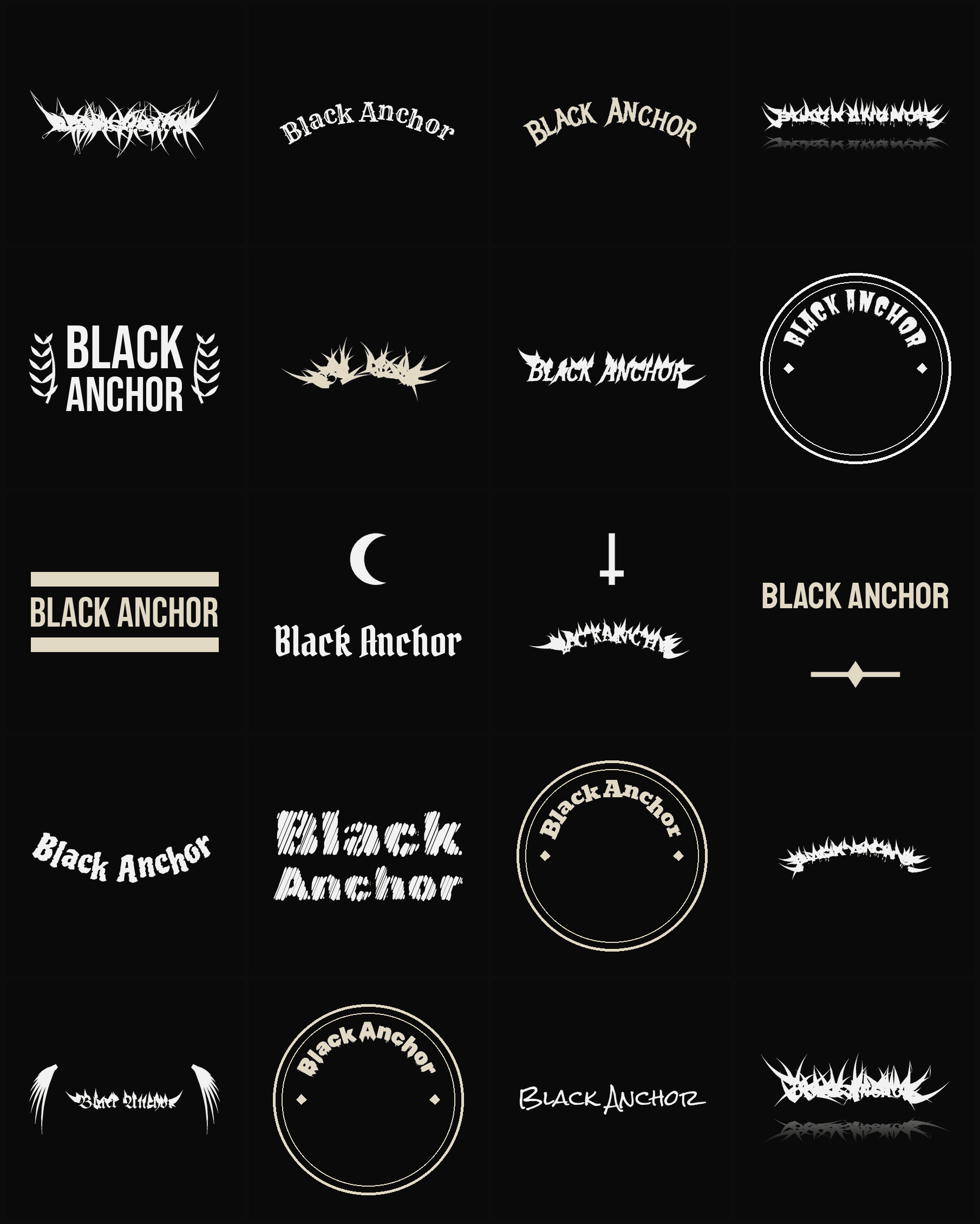 Twenty Black Anchor band logo ideas — different faces, treatments and spike settings