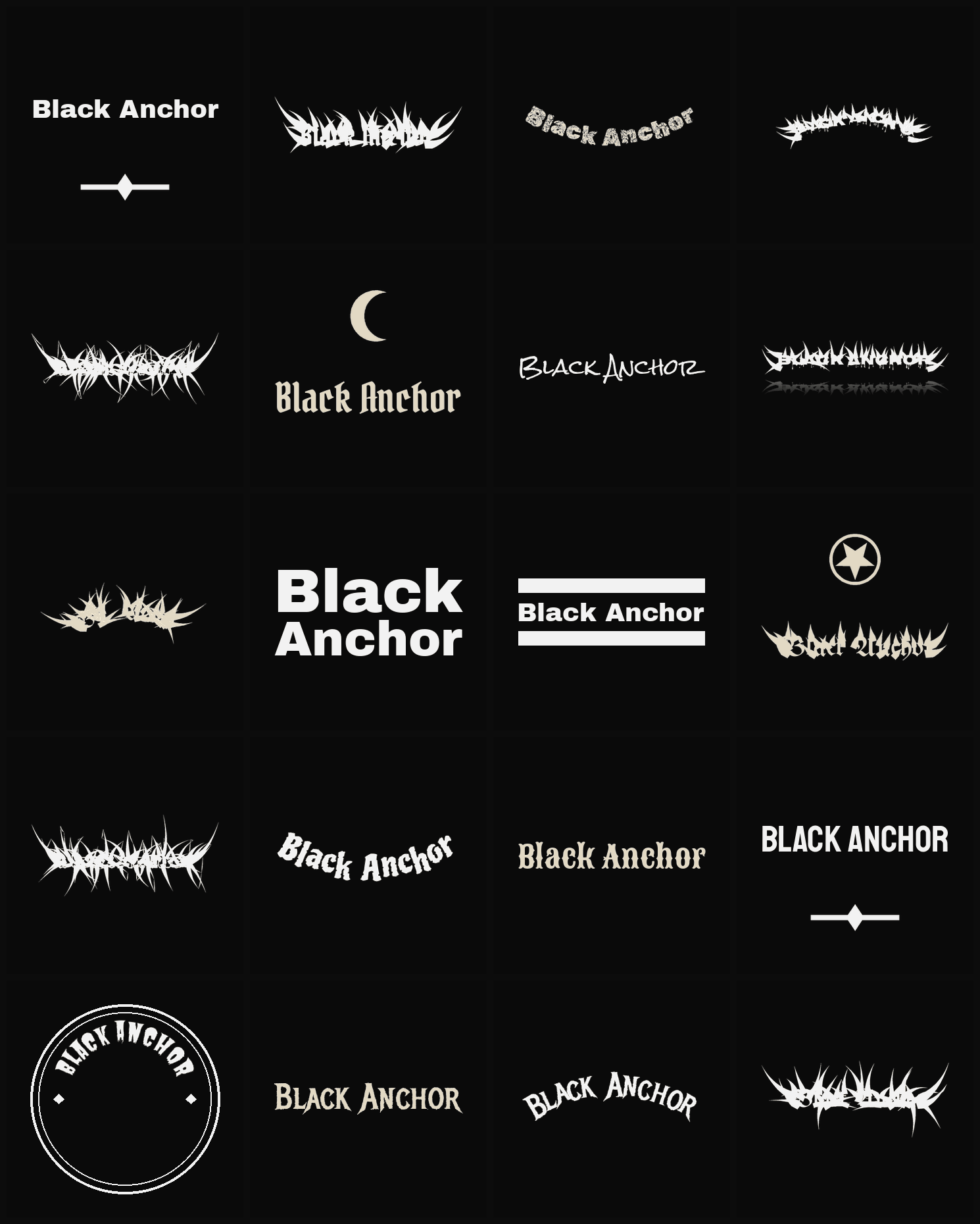 Twenty Black Anchor band logo ideas — different faces, treatments and spike settings