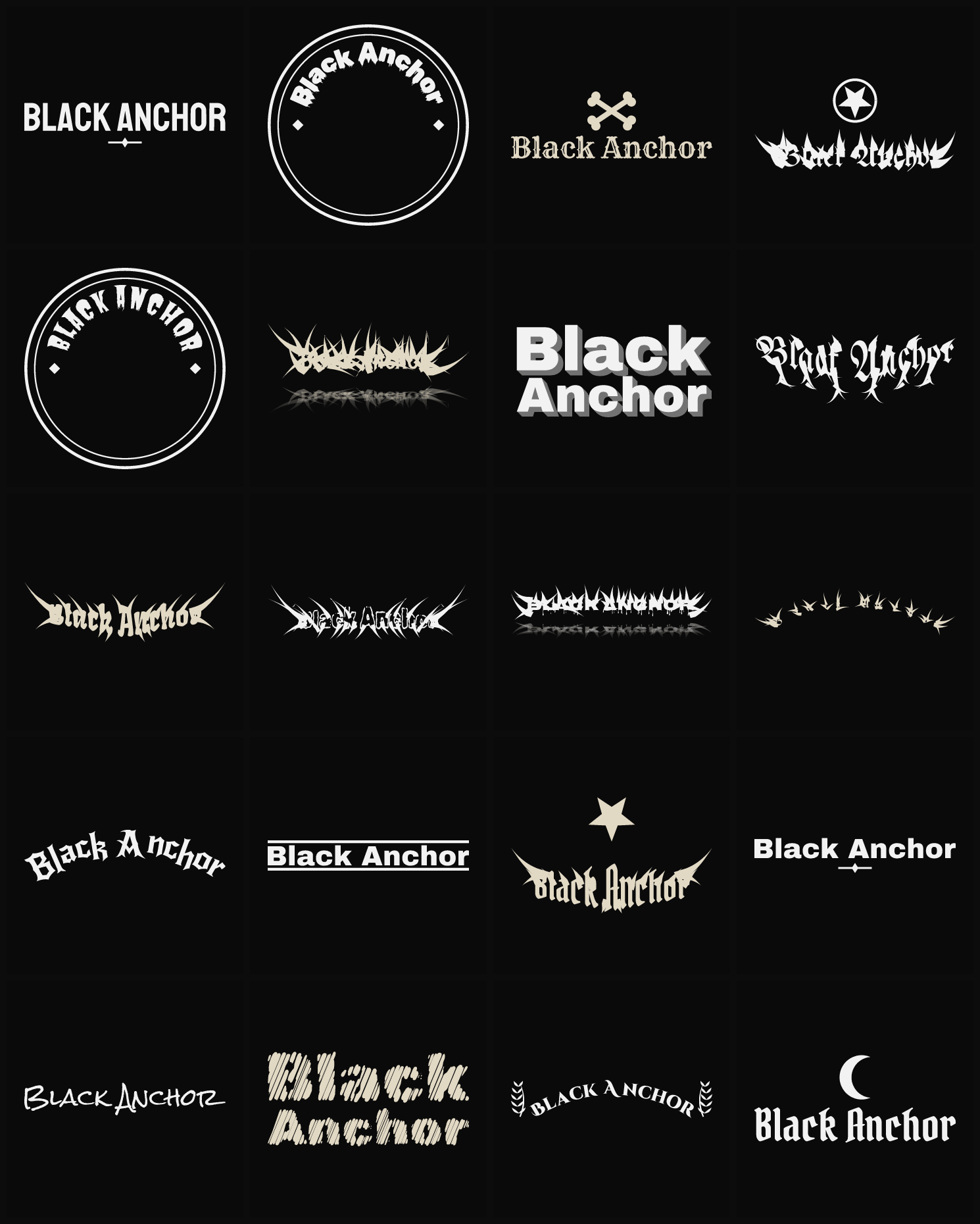 Twenty Black Anchor band logo ideas — different faces, treatments and spike settings