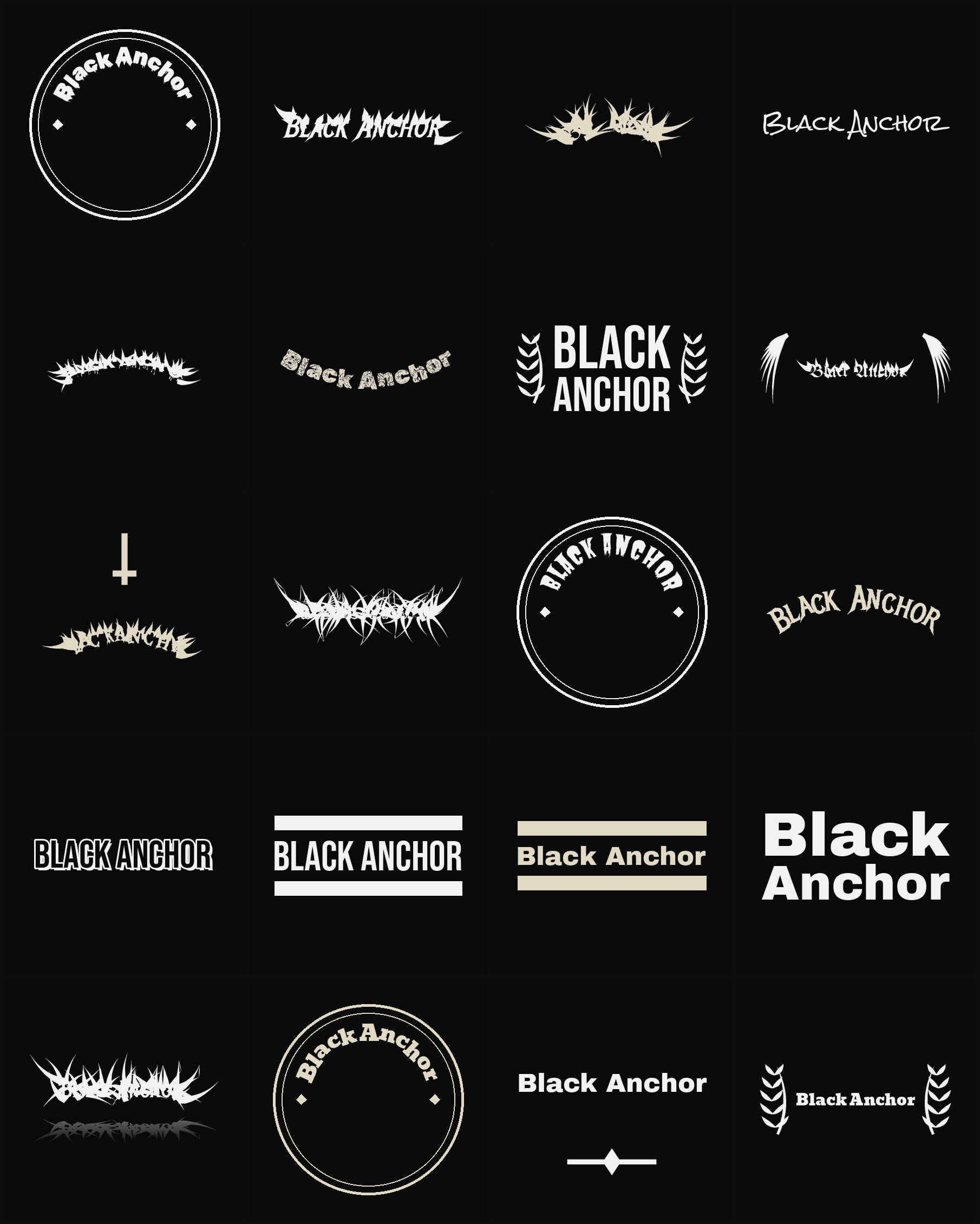 Twenty Black Anchor band logo ideas — different faces, treatments and spike settings