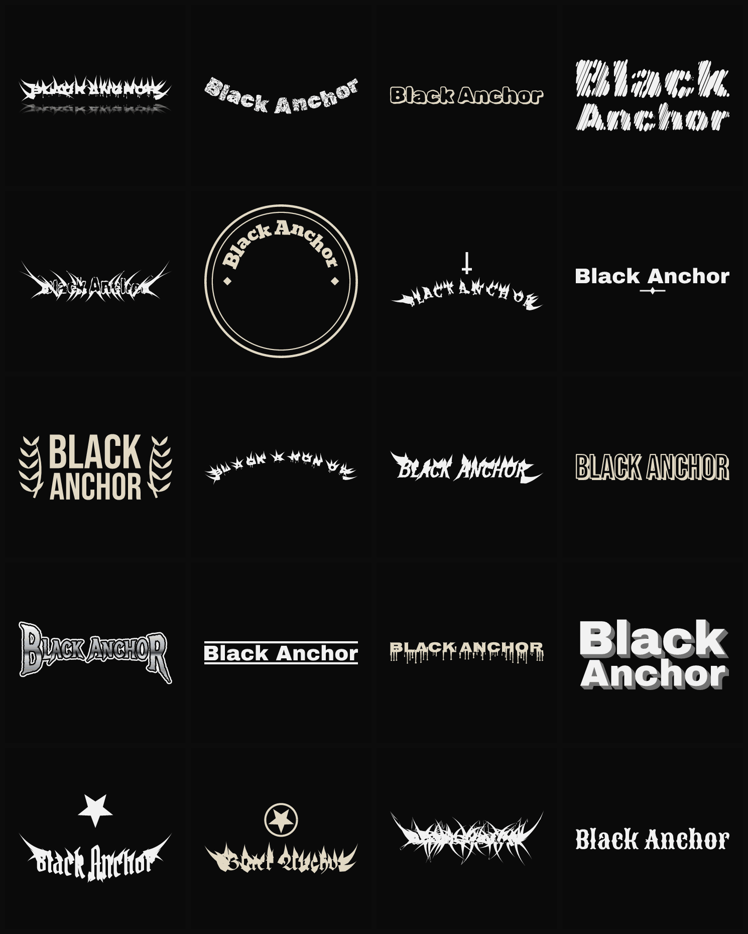 Twenty Black Anchor band logo ideas — different faces, treatments and spike settings