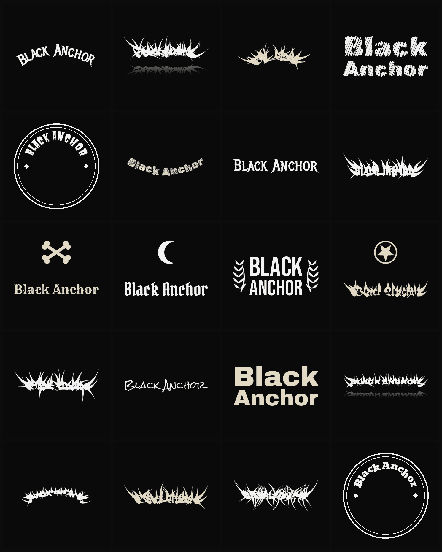 Twenty Black Anchor band logo ideas — different faces, treatments and spike settings