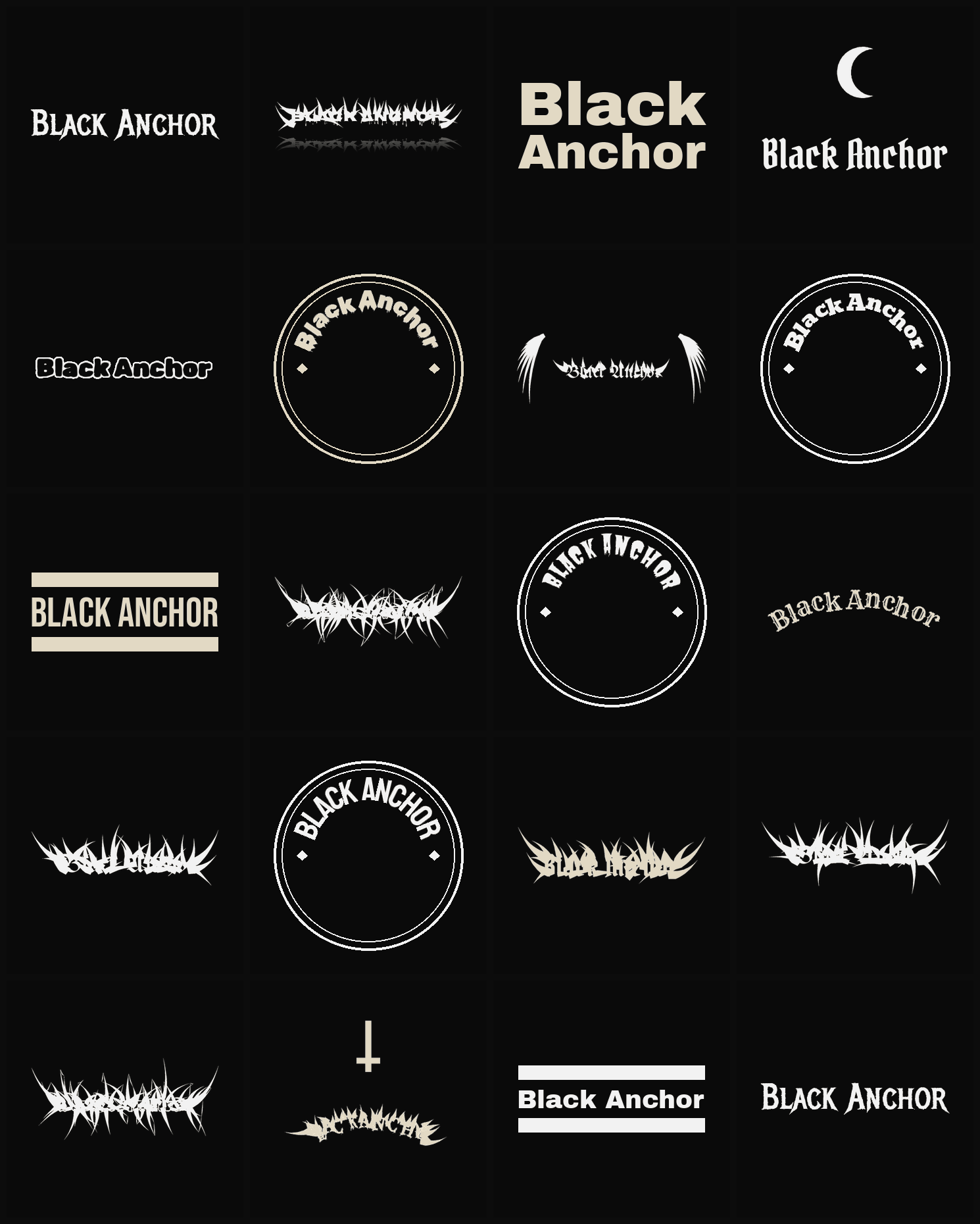 Twenty Black Anchor band logo ideas — different faces, treatments and spike settings