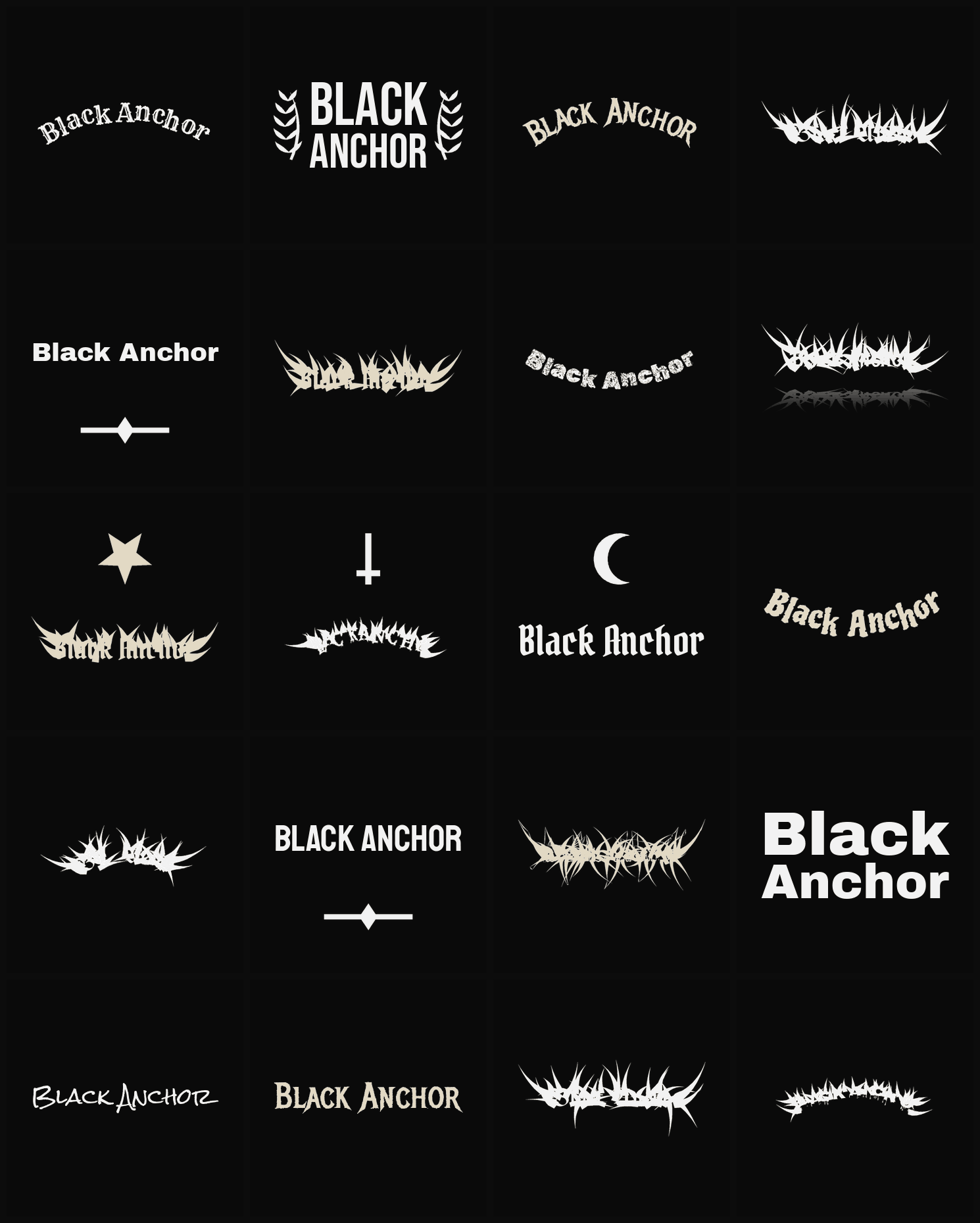 Twenty Black Anchor band logo ideas — different faces, treatments and spike settings