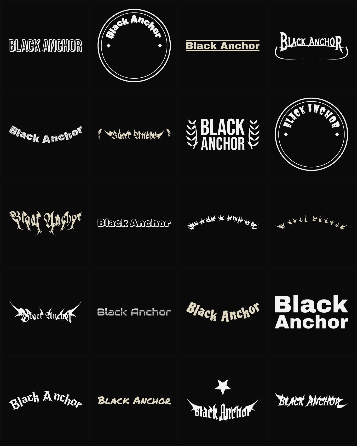 Twenty Black Anchor band logo ideas — different faces, treatments and spike settings