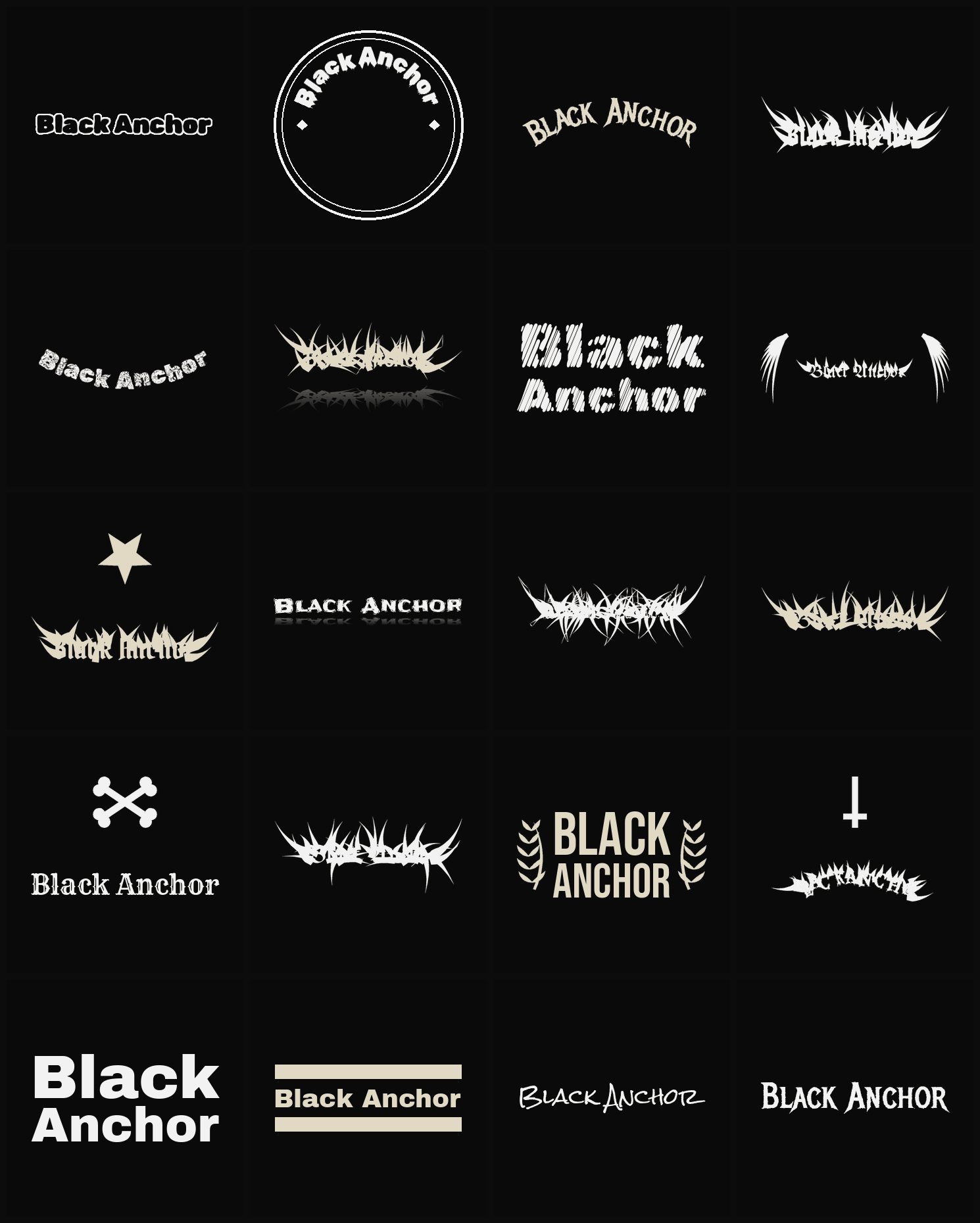 Twenty Black Anchor band logo ideas — different faces, treatments and spike settings