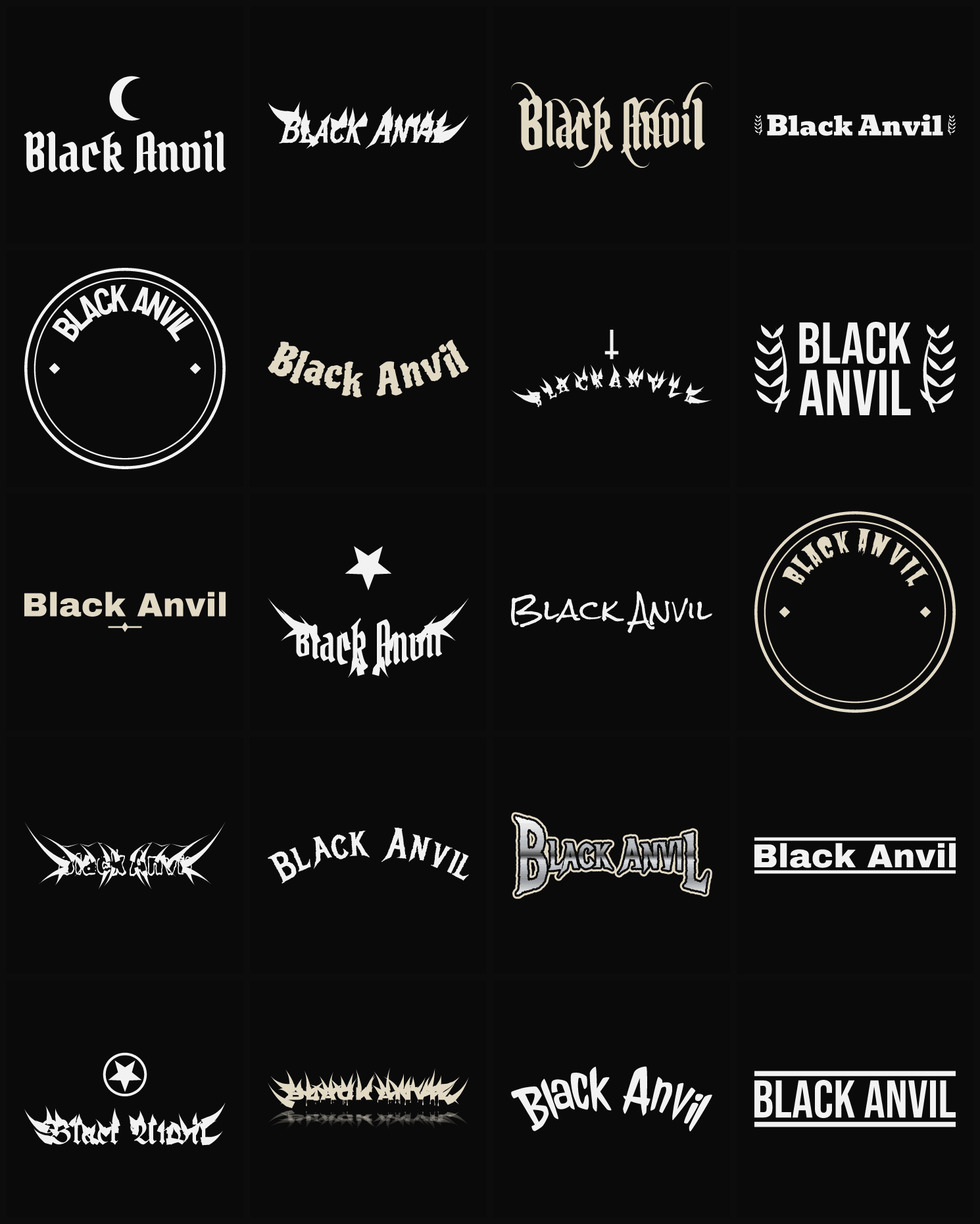 Twenty Black Anvil band logo ideas — different faces, treatments and spike settings