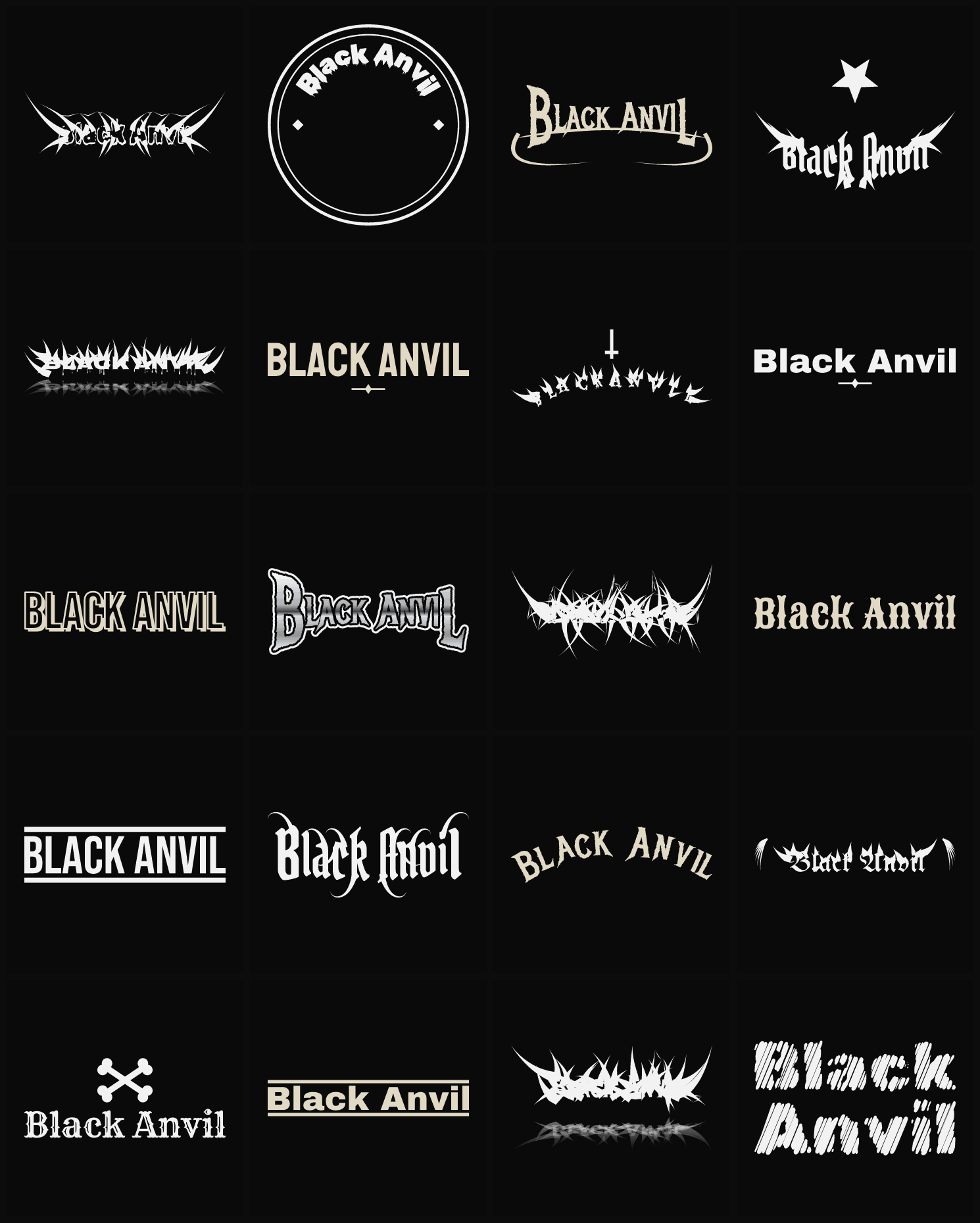 Twenty Black Anvil band logo ideas — different faces, treatments and spike settings