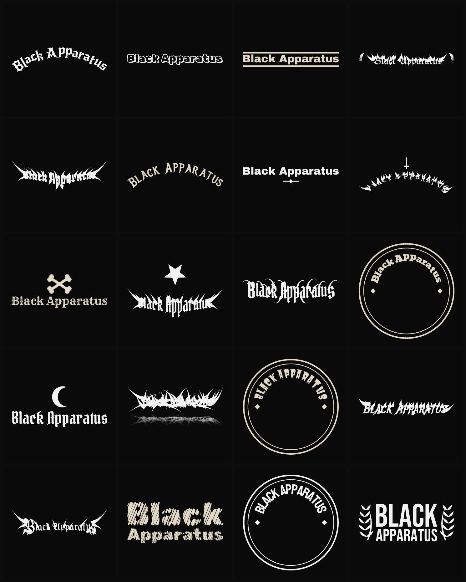 Twenty Black Apparatus band logo ideas — different faces, treatments and spike settings