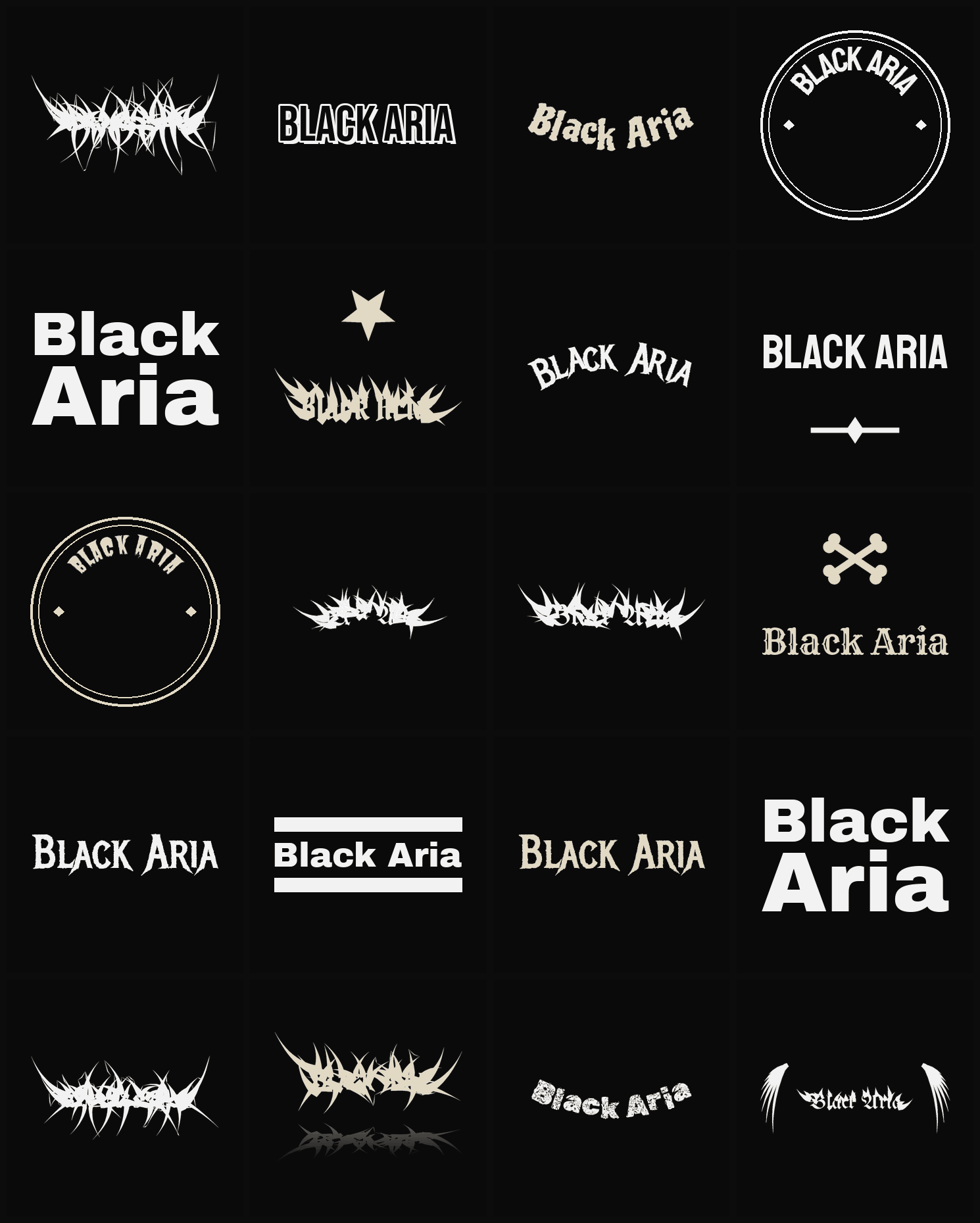Twenty Black Aria band logo ideas — different faces, treatments and spike settings