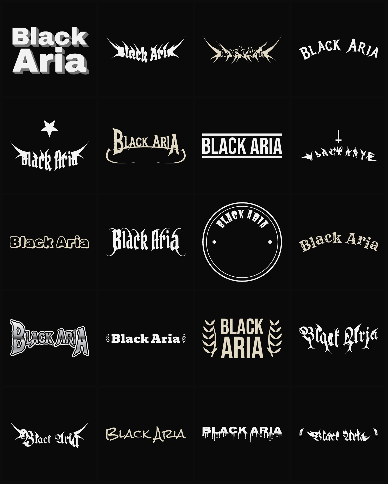 Twenty Black Aria band logo ideas — different faces, treatments and spike settings