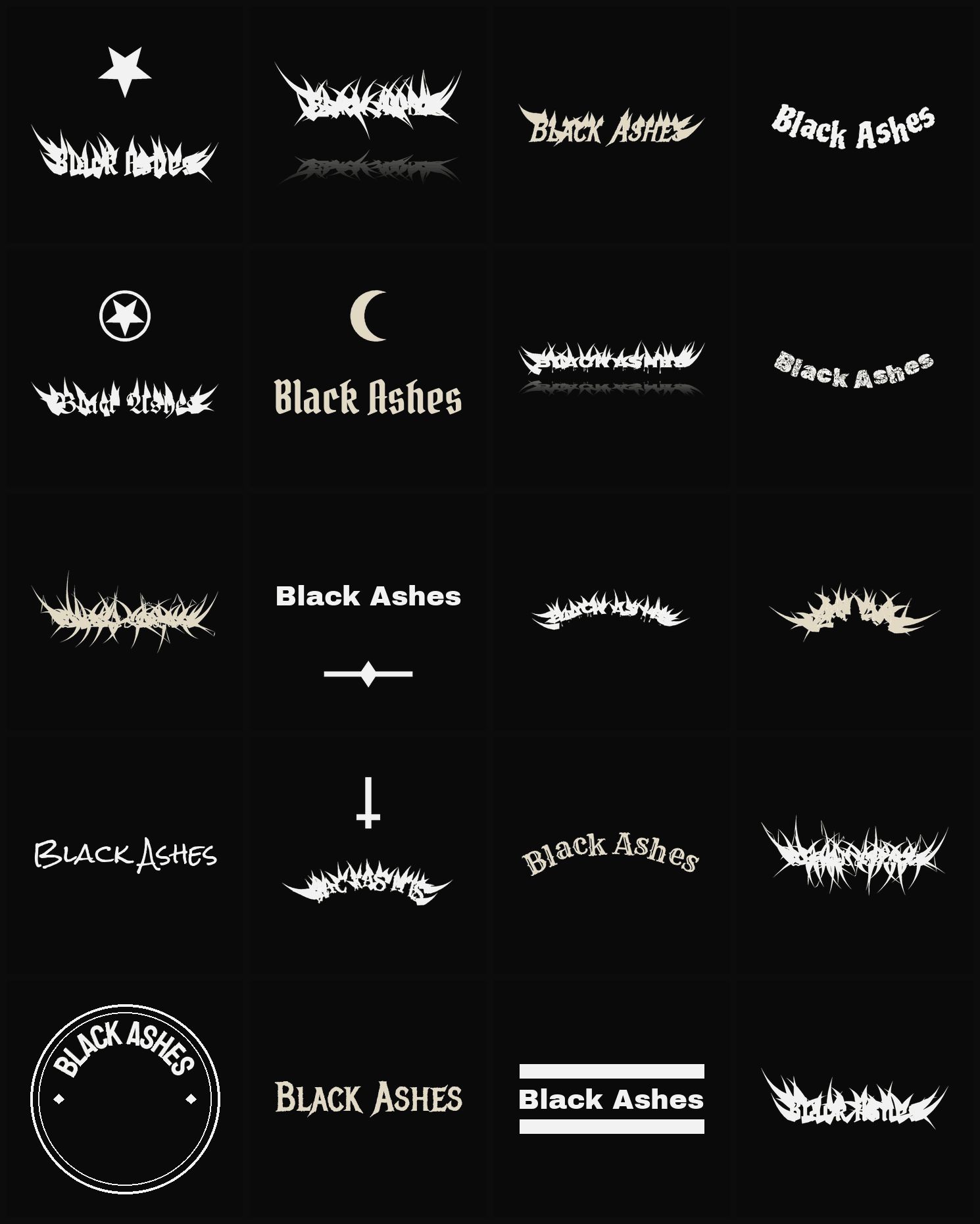 Twenty Black Ashes band logo ideas — different faces, treatments and spike settings