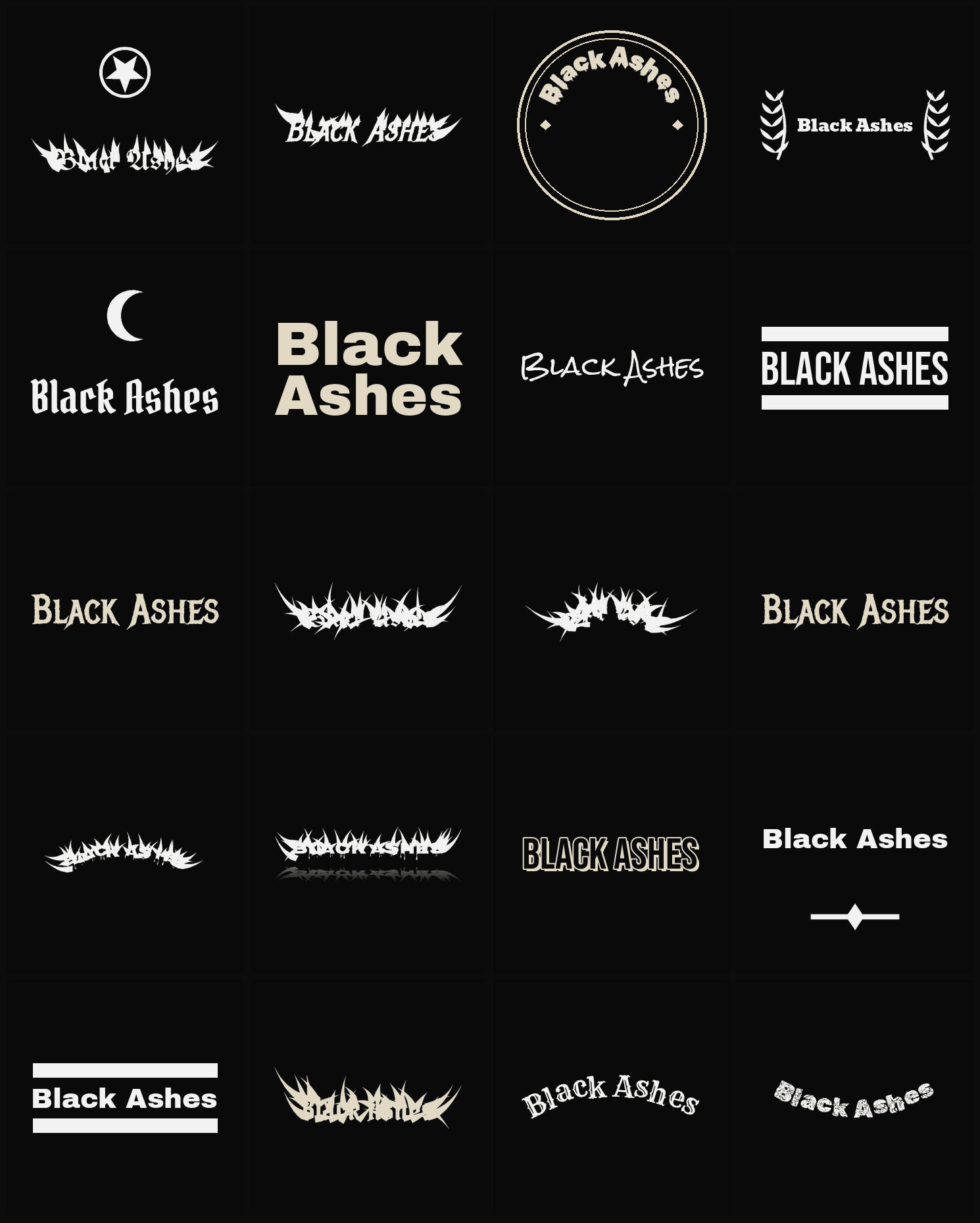 Twenty Black Ashes band logo ideas — different faces, treatments and spike settings