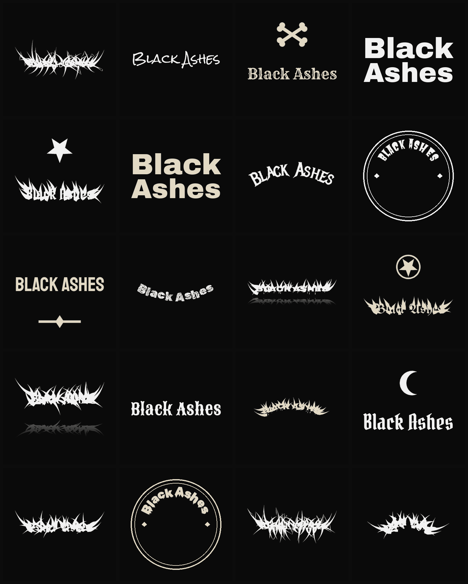 Twenty Black Ashes band logo ideas — different faces, treatments and spike settings