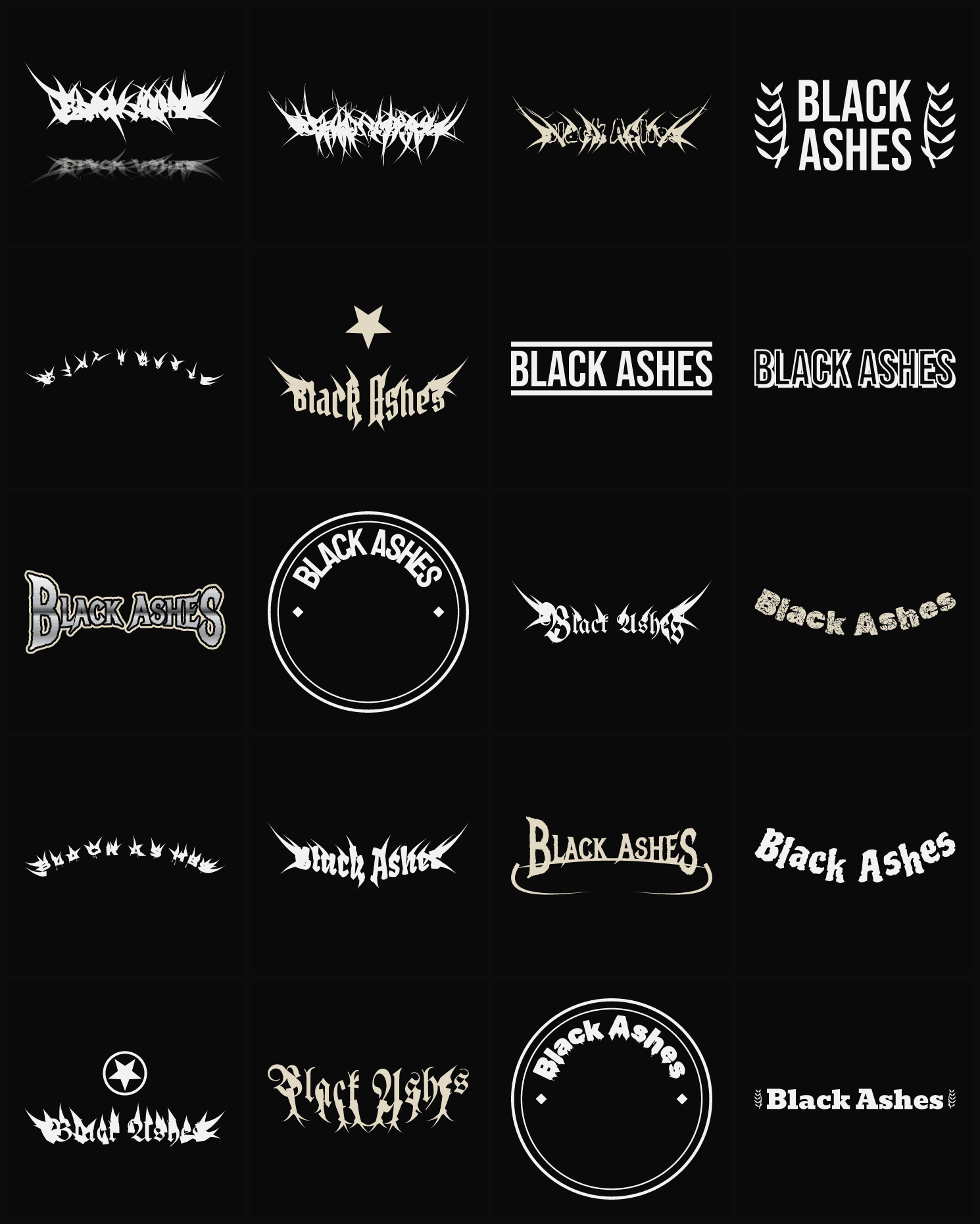 Twenty Black Ashes band logo ideas — different faces, treatments and spike settings