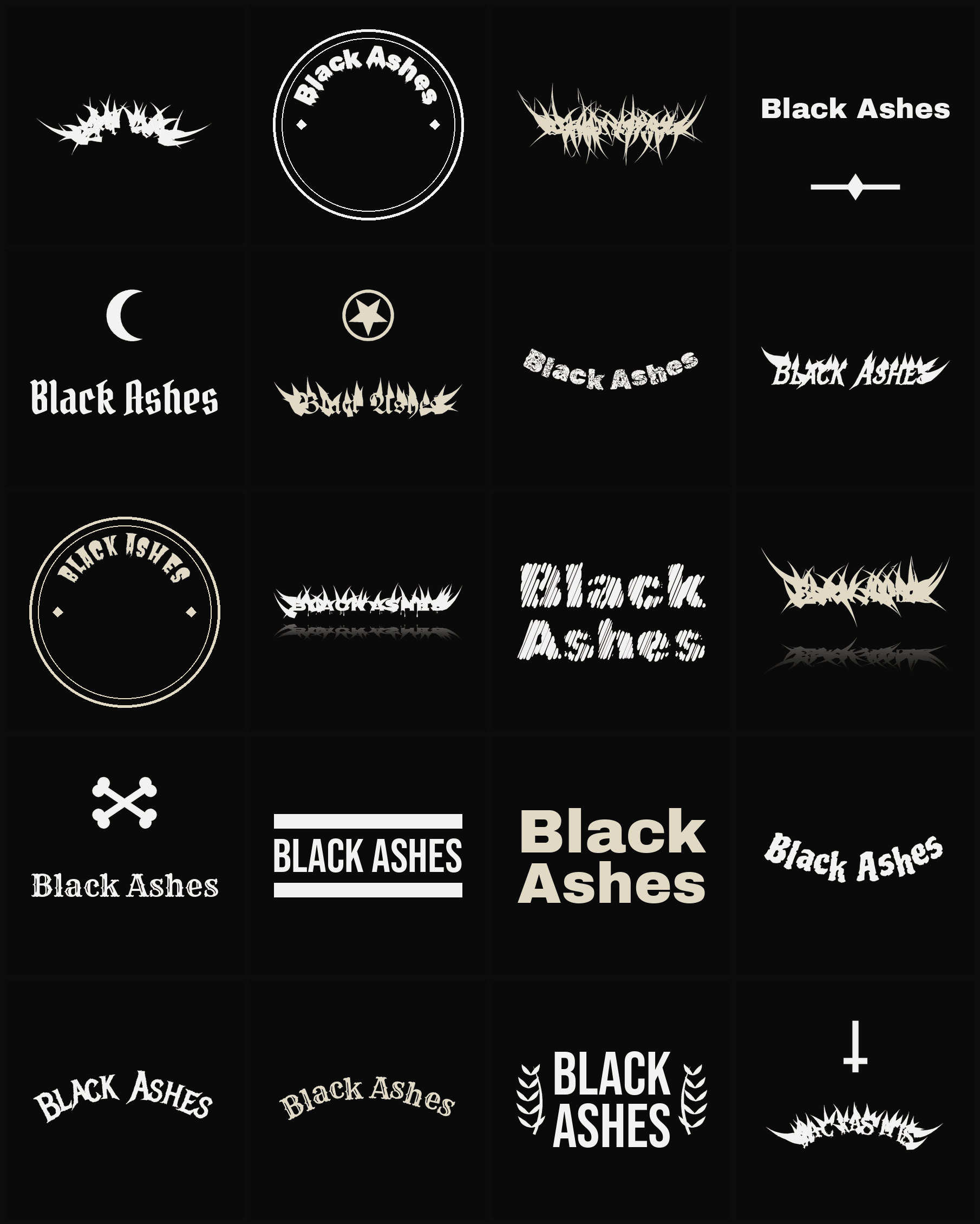 Twenty Black Ashes band logo ideas — different faces, treatments and spike settings