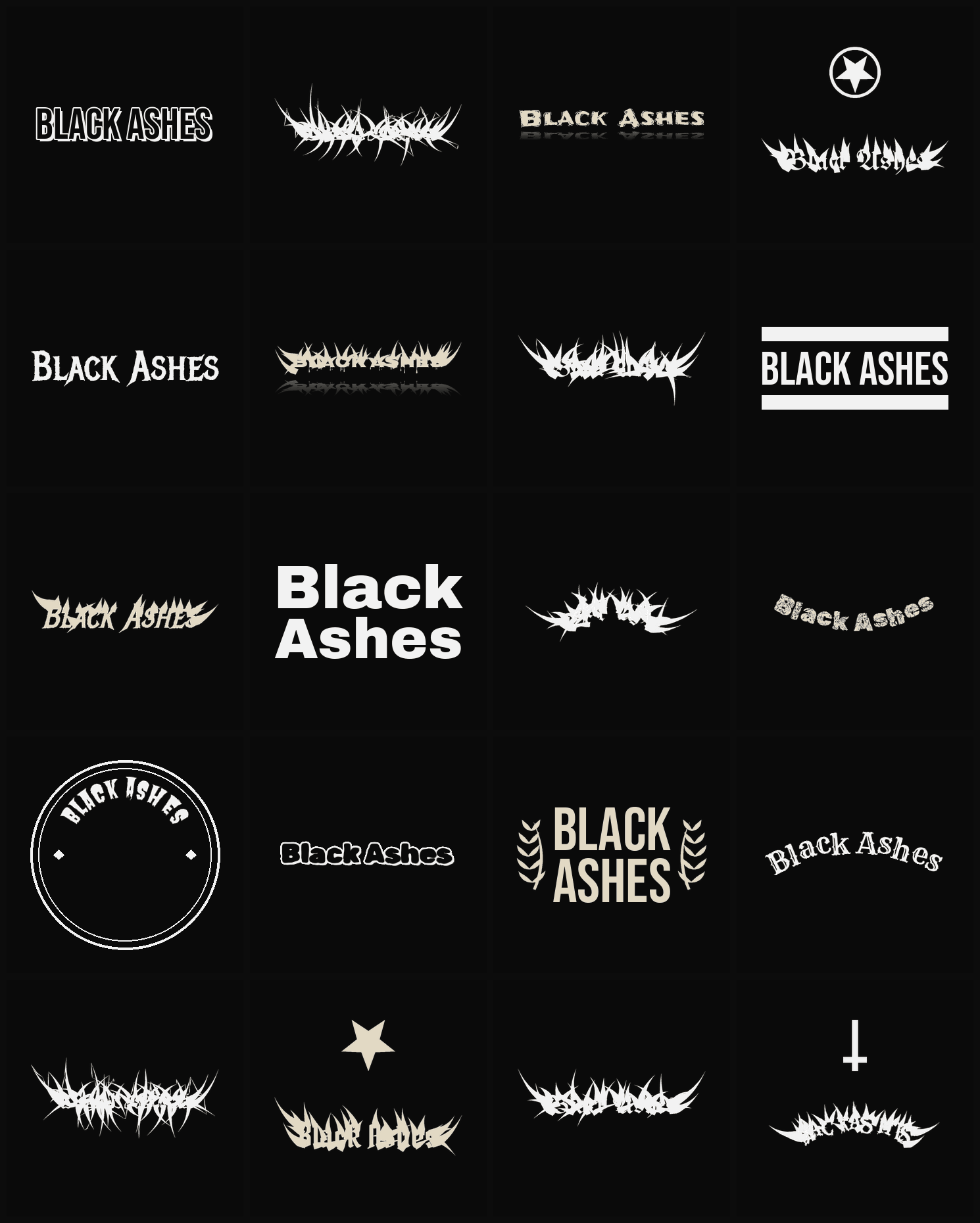 Twenty Black Ashes band logo ideas — different faces, treatments and spike settings