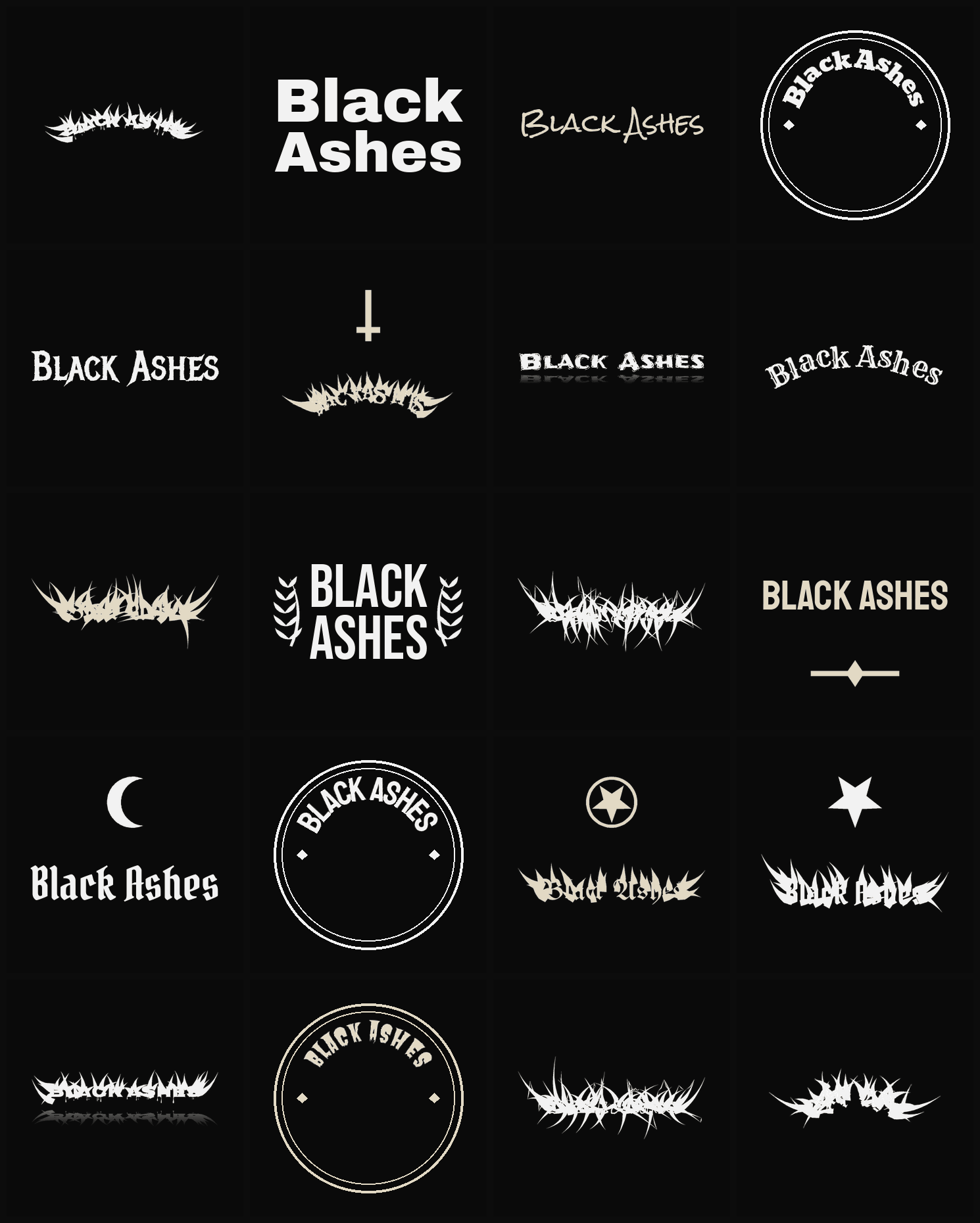 Twenty Black Ashes band logo ideas — different faces, treatments and spike settings