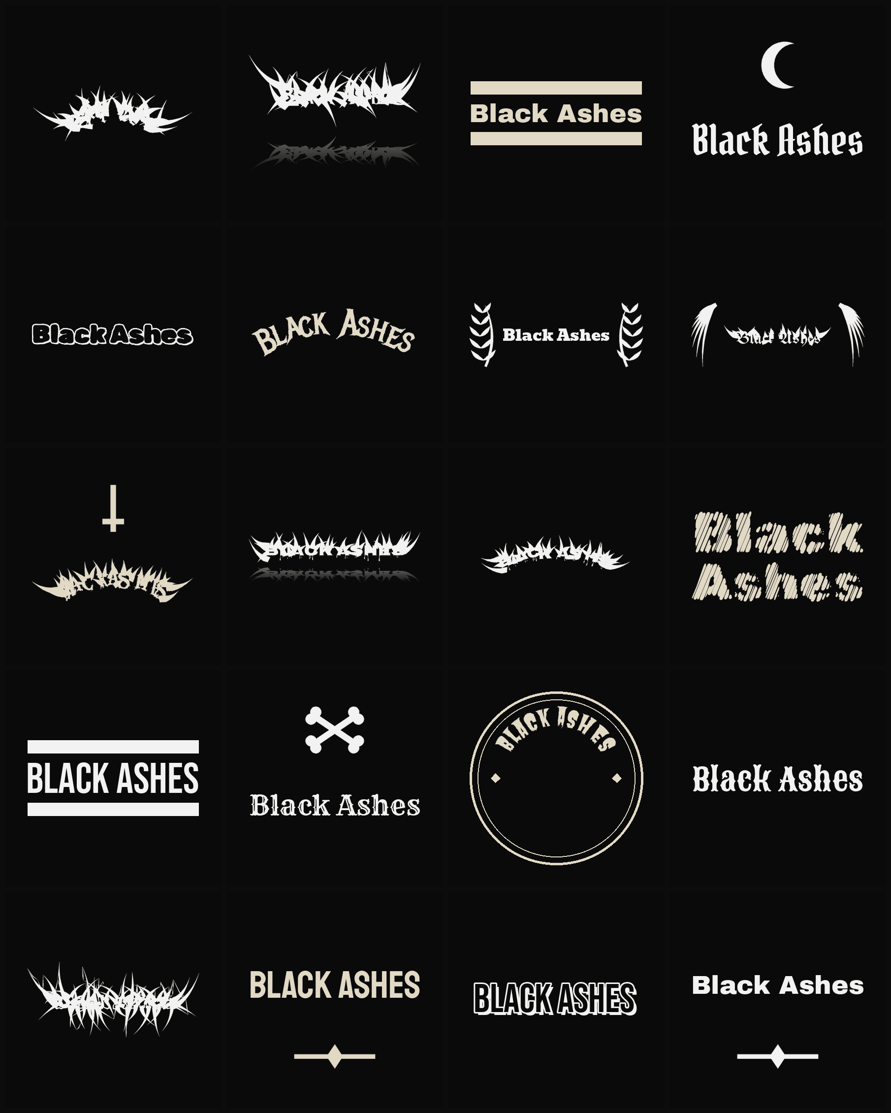 Twenty Black Ashes band logo ideas — different faces, treatments and spike settings