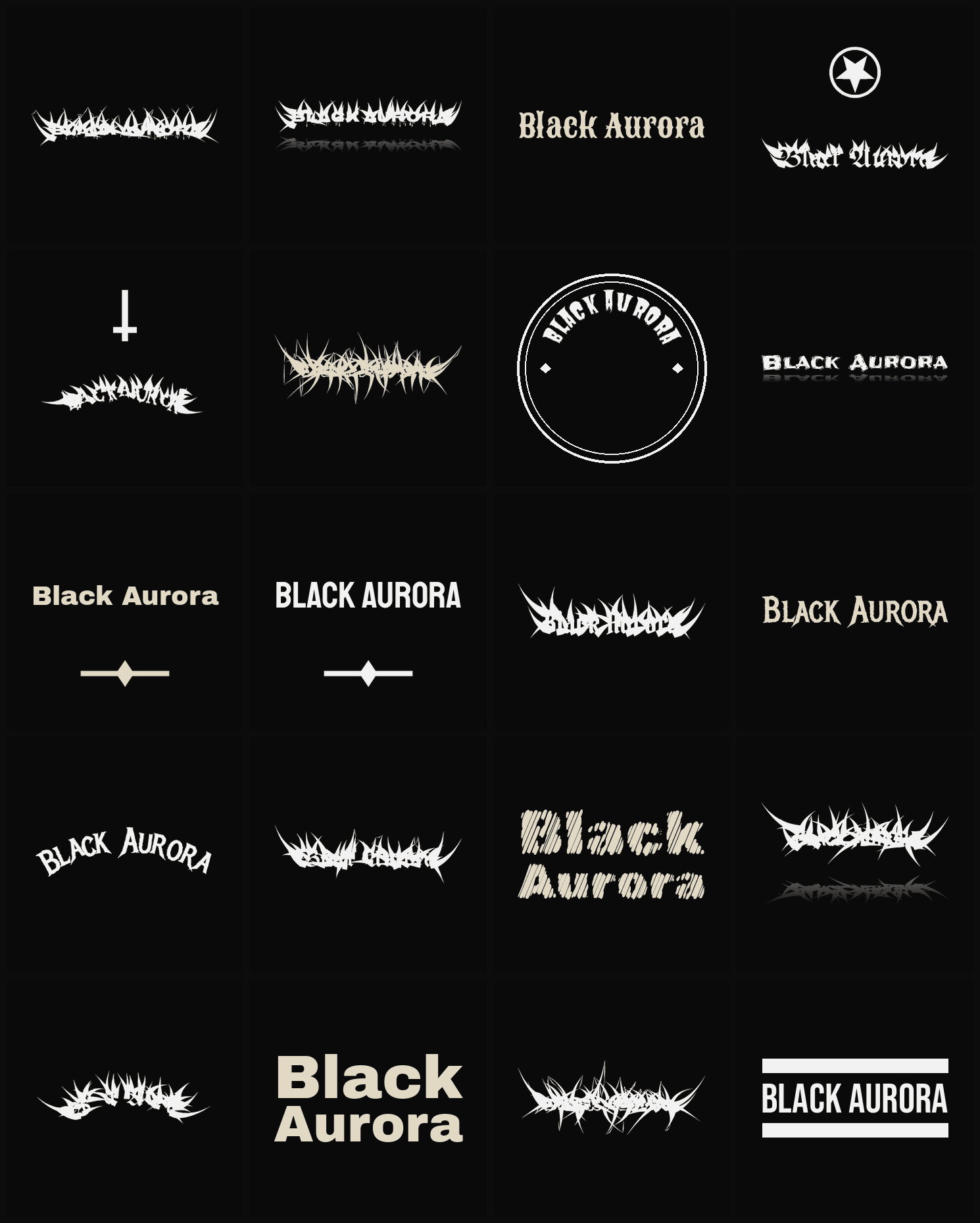 Twenty Black Aurora band logo ideas — different faces, treatments and spike settings