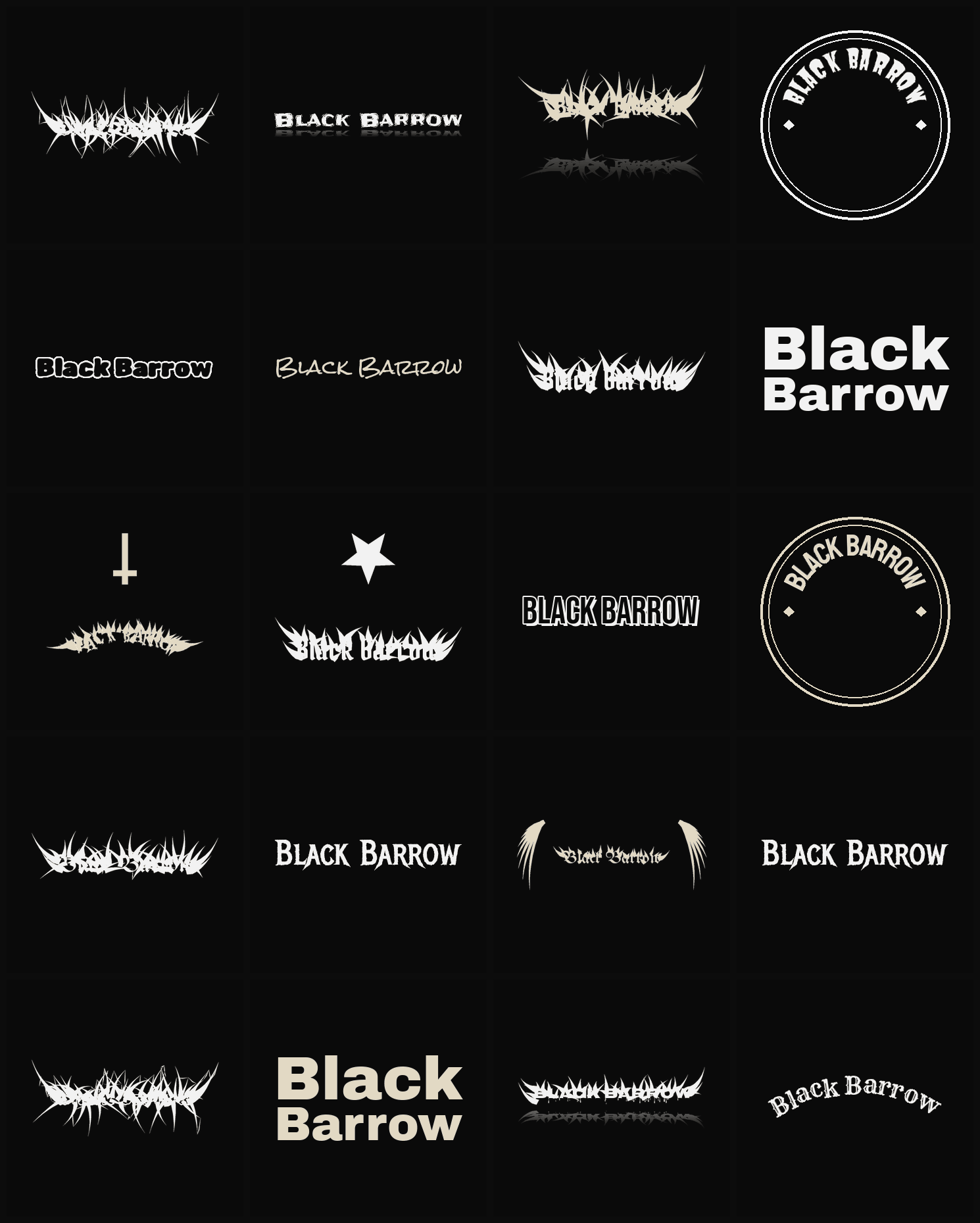 Twenty Black Barrow band logo ideas — different faces, treatments and spike settings