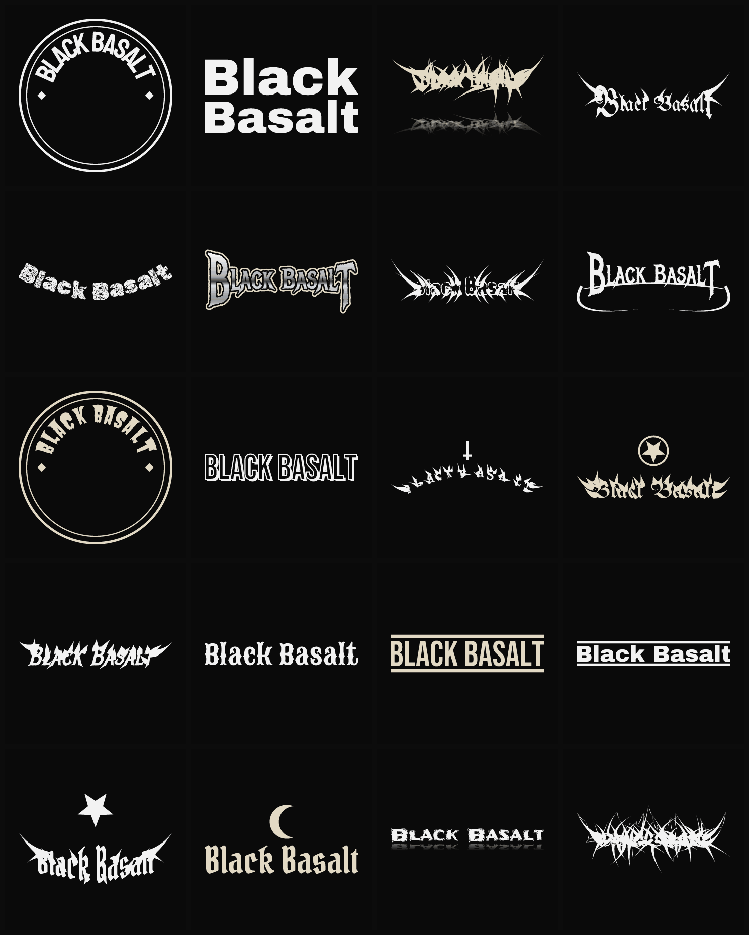 Twenty Black Basalt band logo ideas — different faces, treatments and spike settings