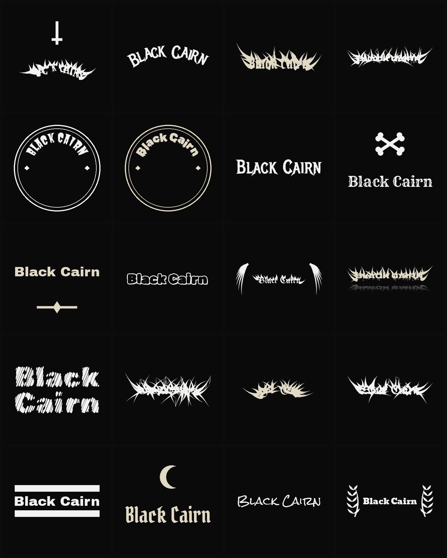 Twenty Black Cairn band logo ideas — different faces, treatments and spike settings