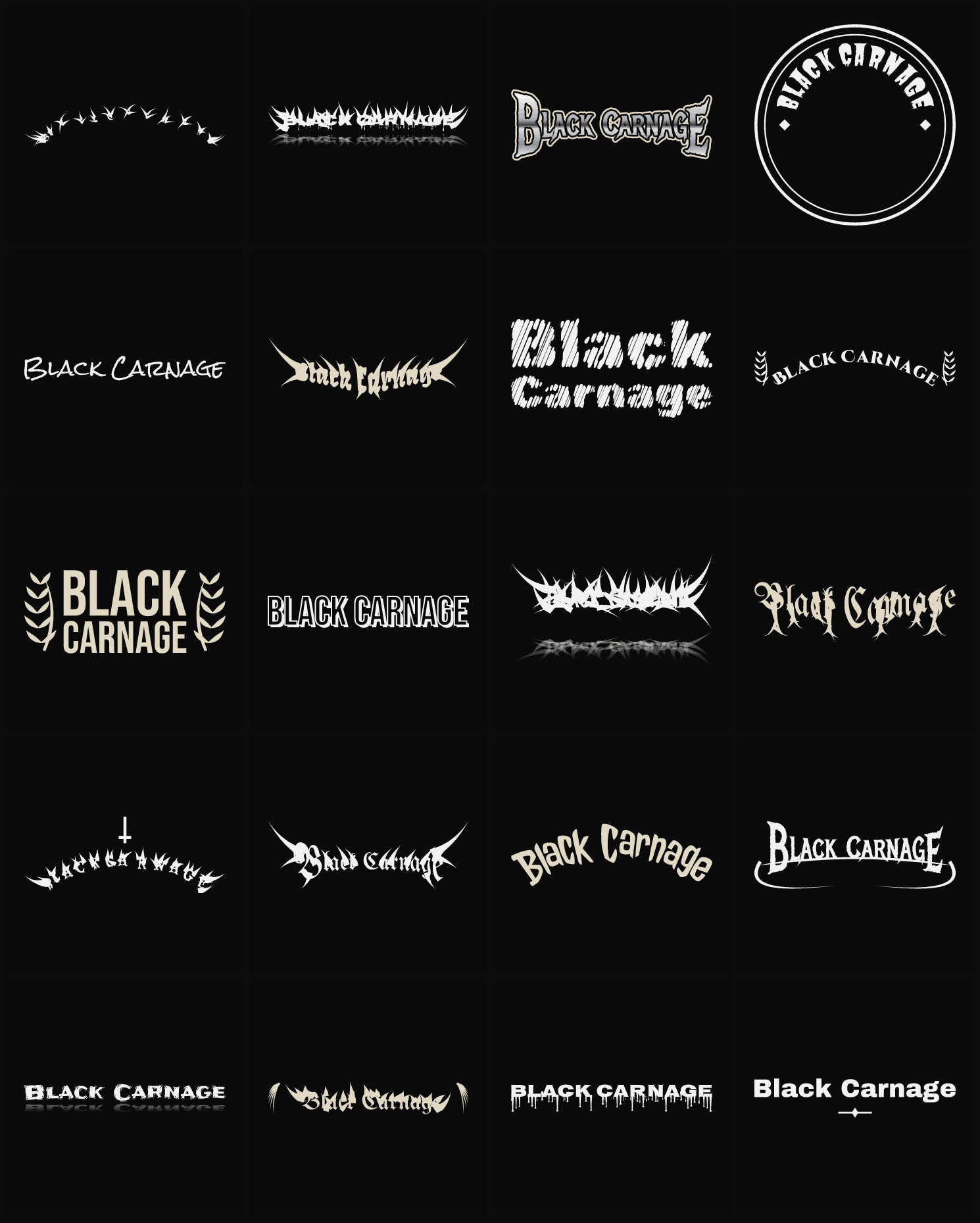 Twenty Black Carnage band logo ideas — different faces, treatments and spike settings
