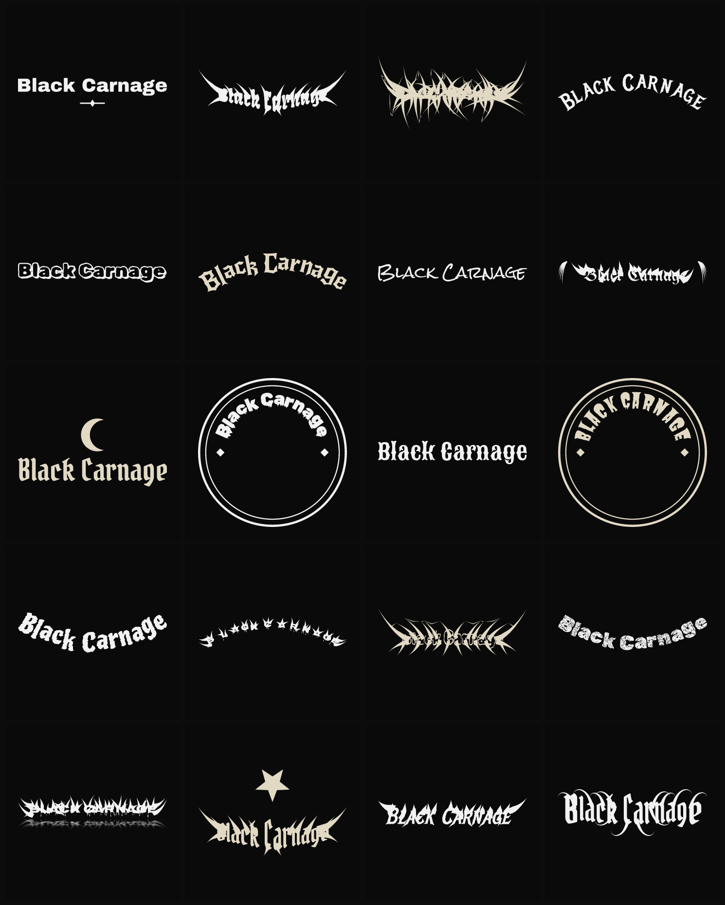 Twenty Black Carnage band logo ideas — different faces, treatments and spike settings