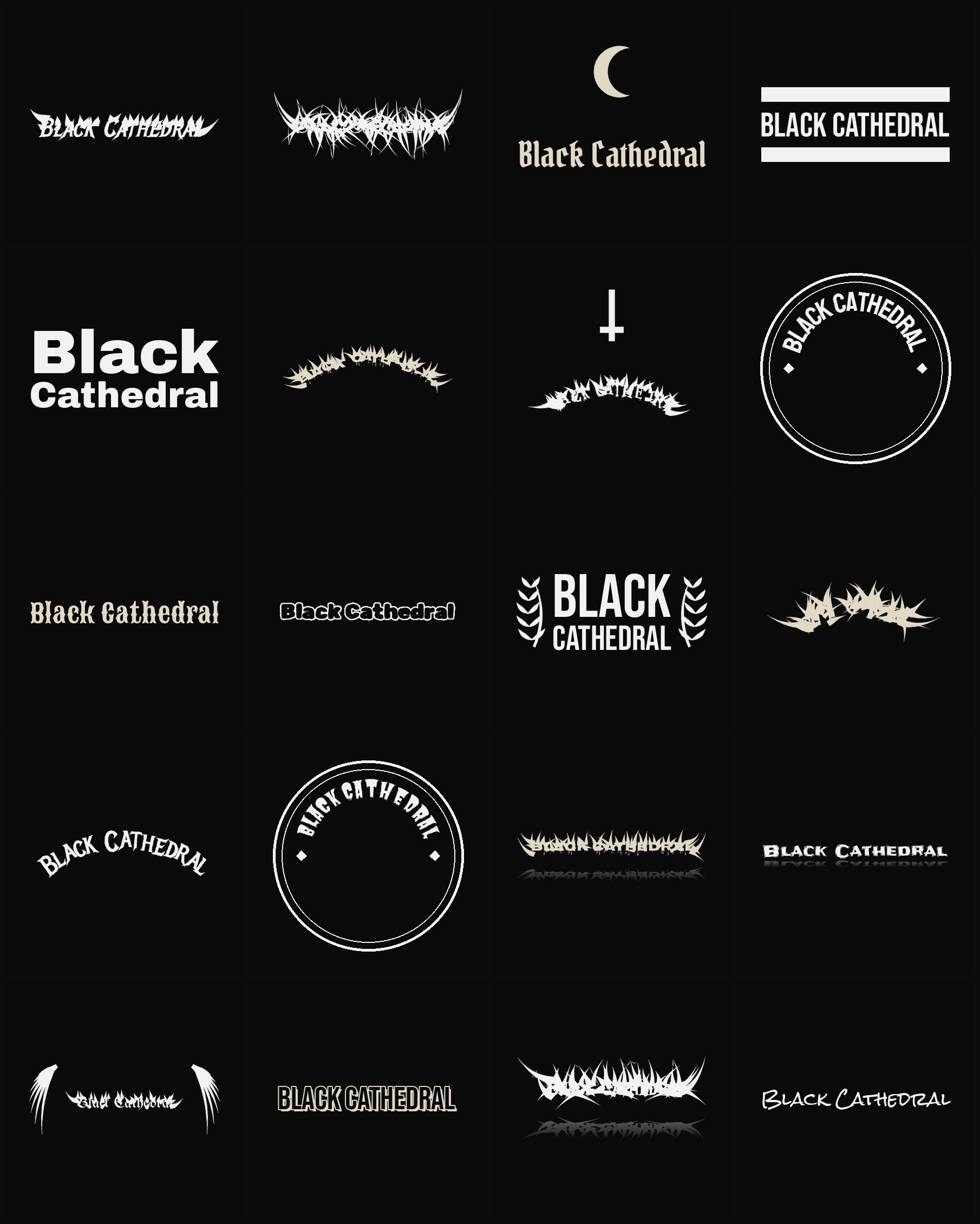 Twenty Black Cathedral band logo ideas — different faces, treatments and spike settings
