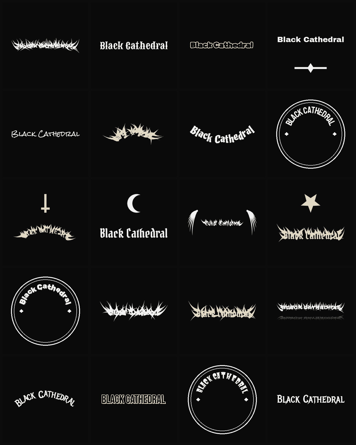 Twenty Black Cathedral band logo ideas — different faces, treatments and spike settings